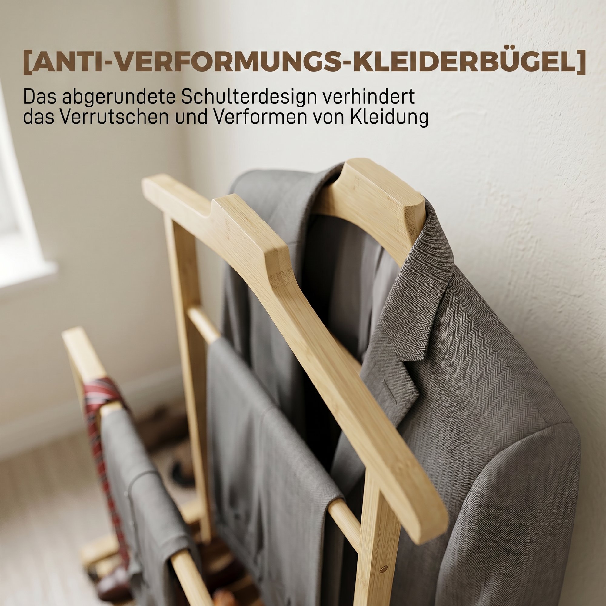 Bambus-Kleiderständer auf Rollen, kompakt, mit Bügeln, Hängestangen, Ablage und unterem Regal, Eichenoptik