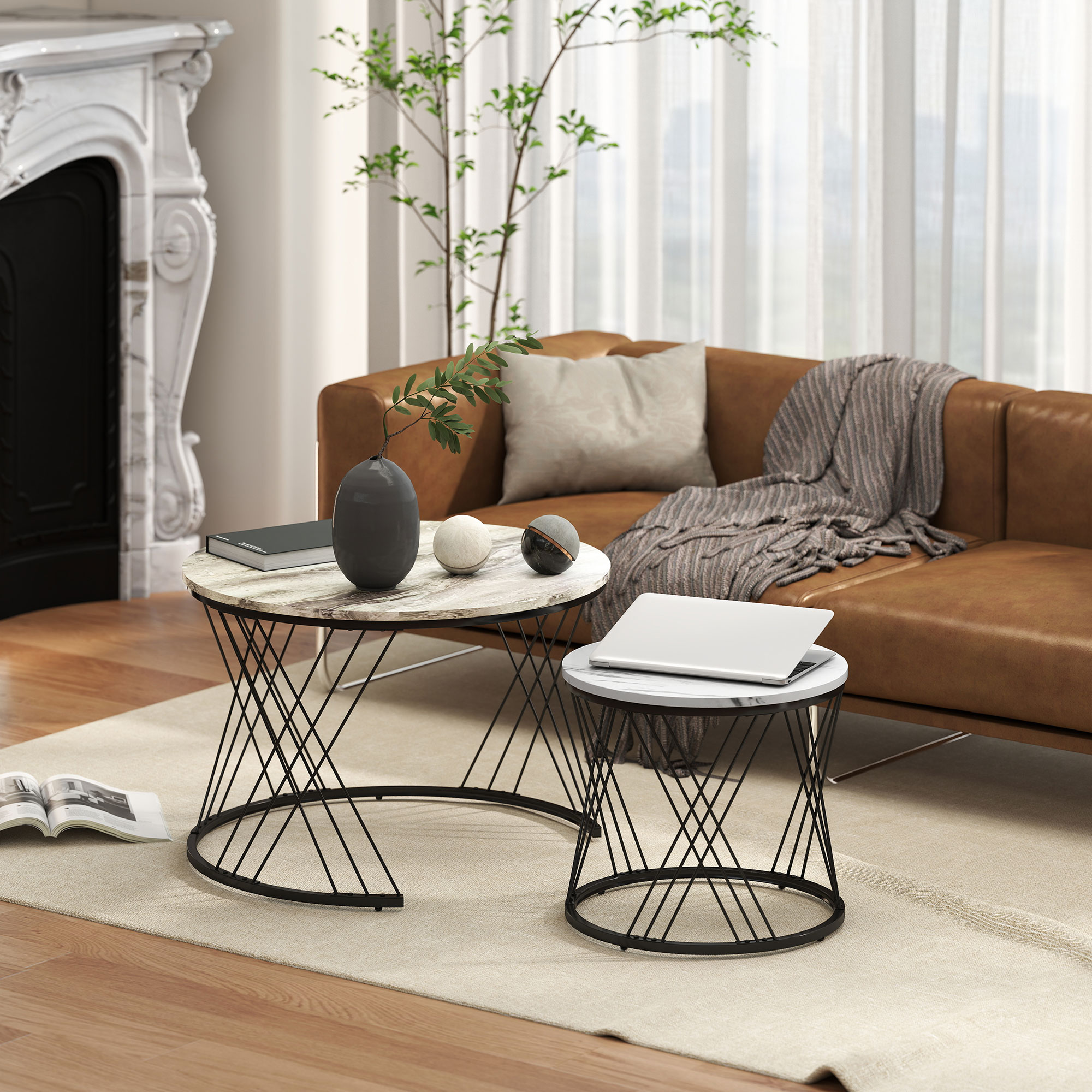 Couchtische im 2er-Set, Marmoroptik, Spanplatte, Metall, runde Kaffeetische für Wohnzimmer, ineinanderstellbar Grau+Weiß