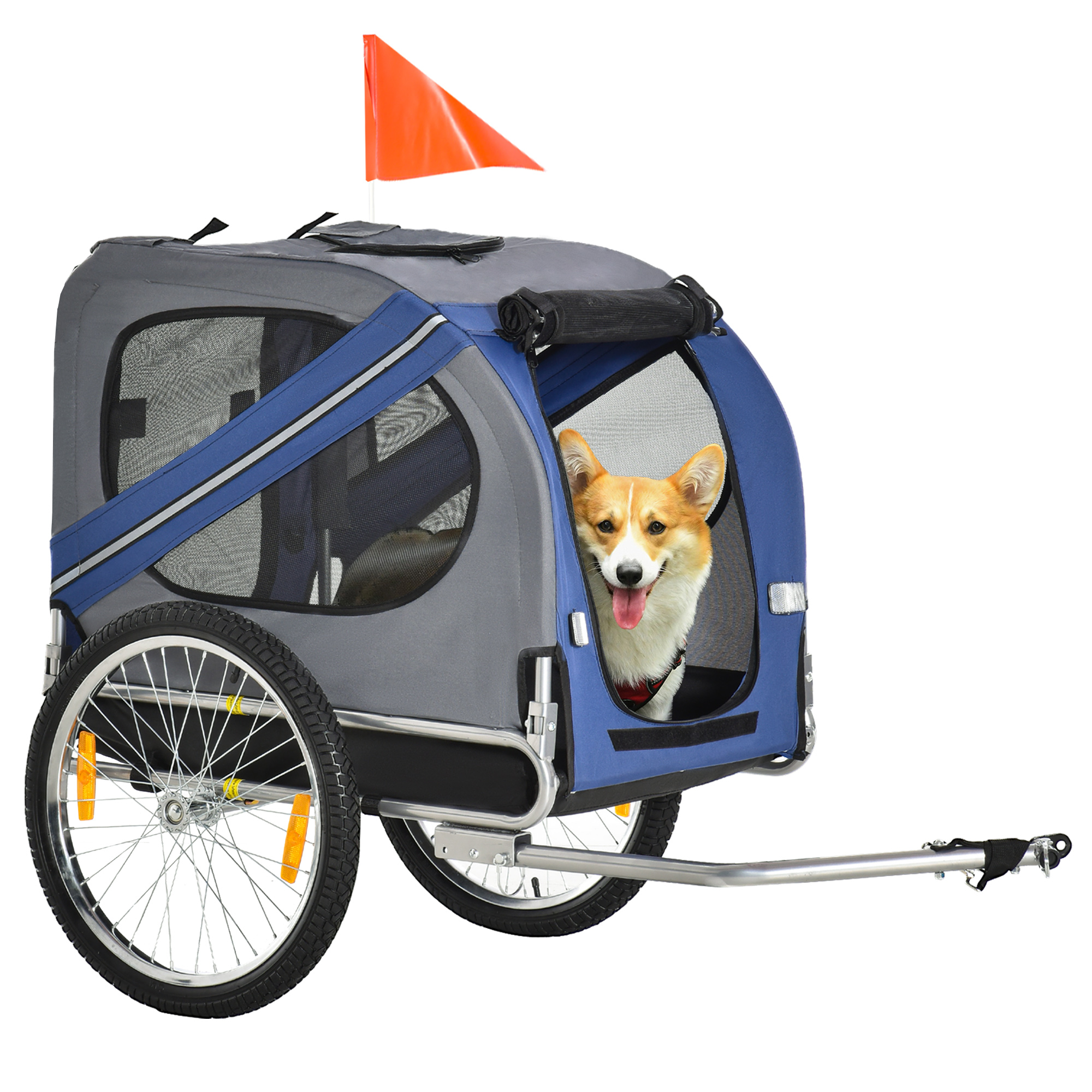 2-in-1 Haustieranhänger Fahrradanhänger bis 20kg klappbar Regenschutz Sicherheitsfahne Reflektoren Stahl grau+blau 130 x 73 x 90cm
