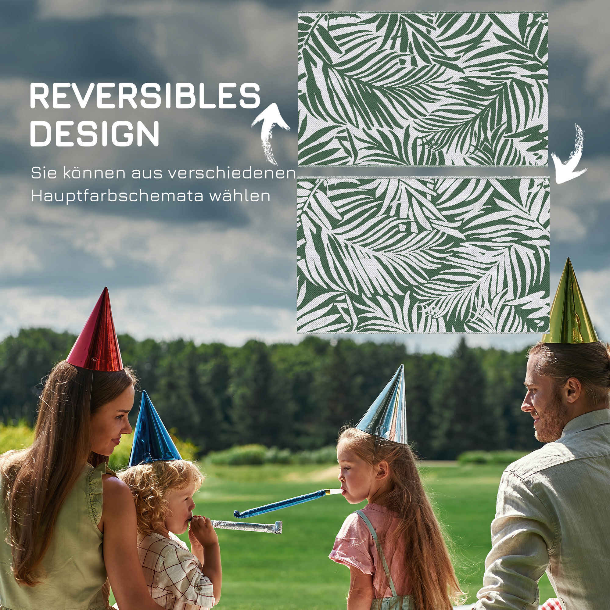 Outdoor Teppich Wendbares Wetterfest Outdoorteppich Carpet mit Blätter-Muster, 152 x 243 cm Dunkelgrün