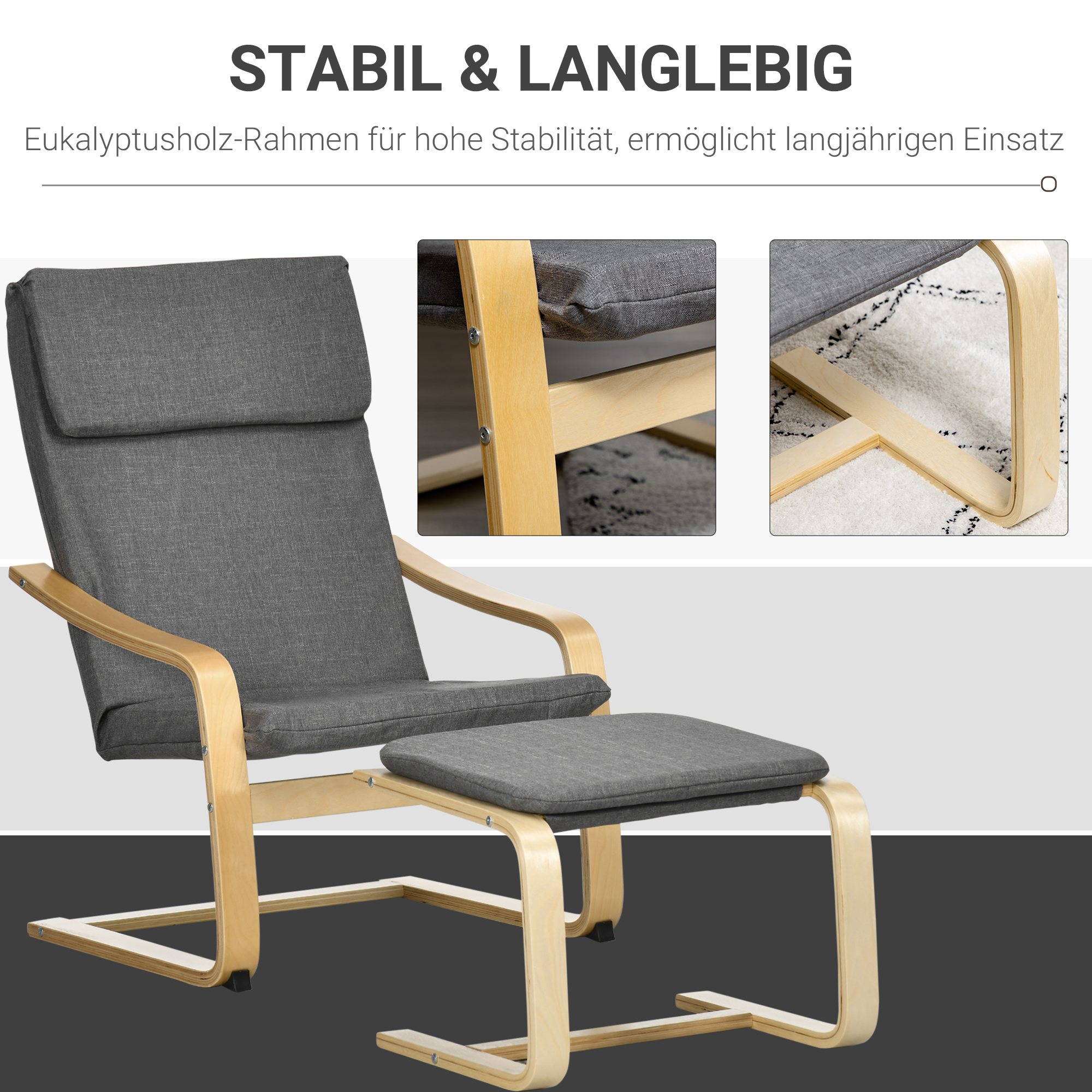 Sessel mit Fußhocker, Sessel-Set, bis 120 kg, Leinenoptik, Massivholz, Grau + Natur, 66,5 x 80 x 99 cm