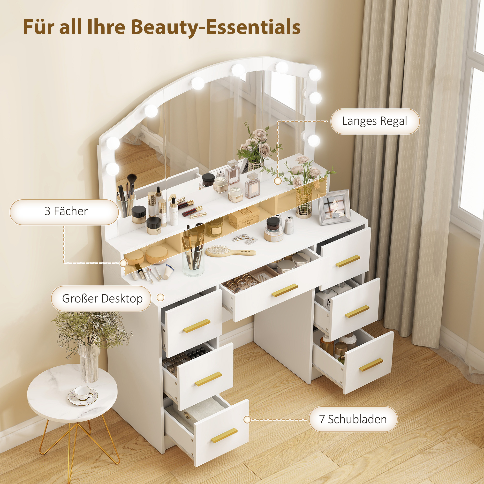 Schminktisch mit 10 LED-Hollywood-Lampen, Spiegel, 7 Schubladen, 3 Fächer, MDF, Weiß