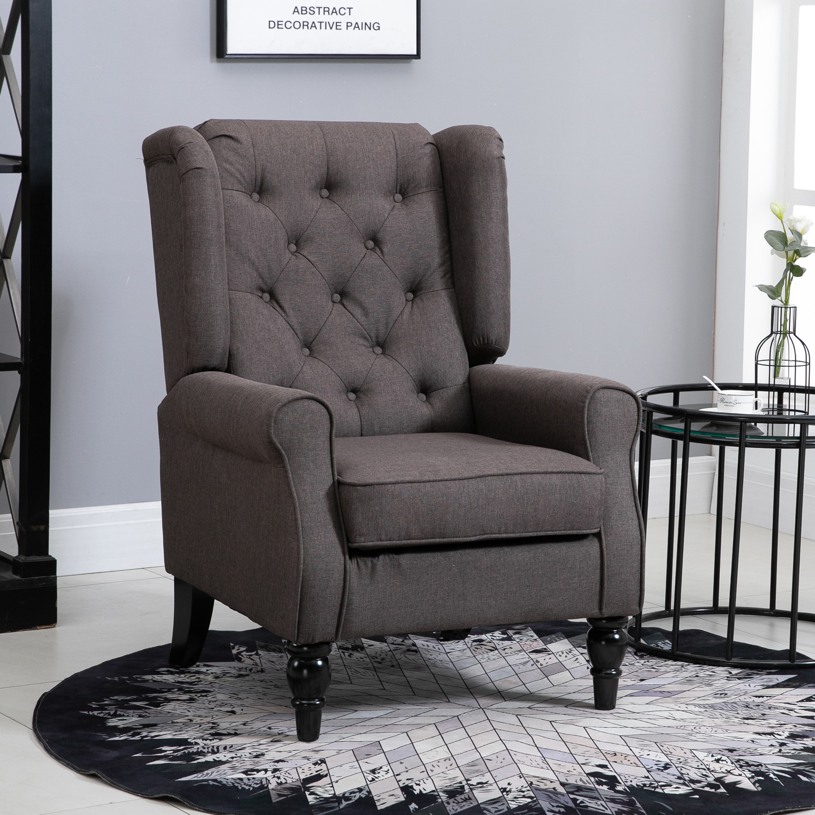 Ohrensessel Sessel mit Tufting, hoher Rückenlehne, Gepolstert Loungesessel mit abgerundeten Armlehnen, Holzbeine, für Schlafzimmer, Wohnzimmer, bis 160 kg, Braun