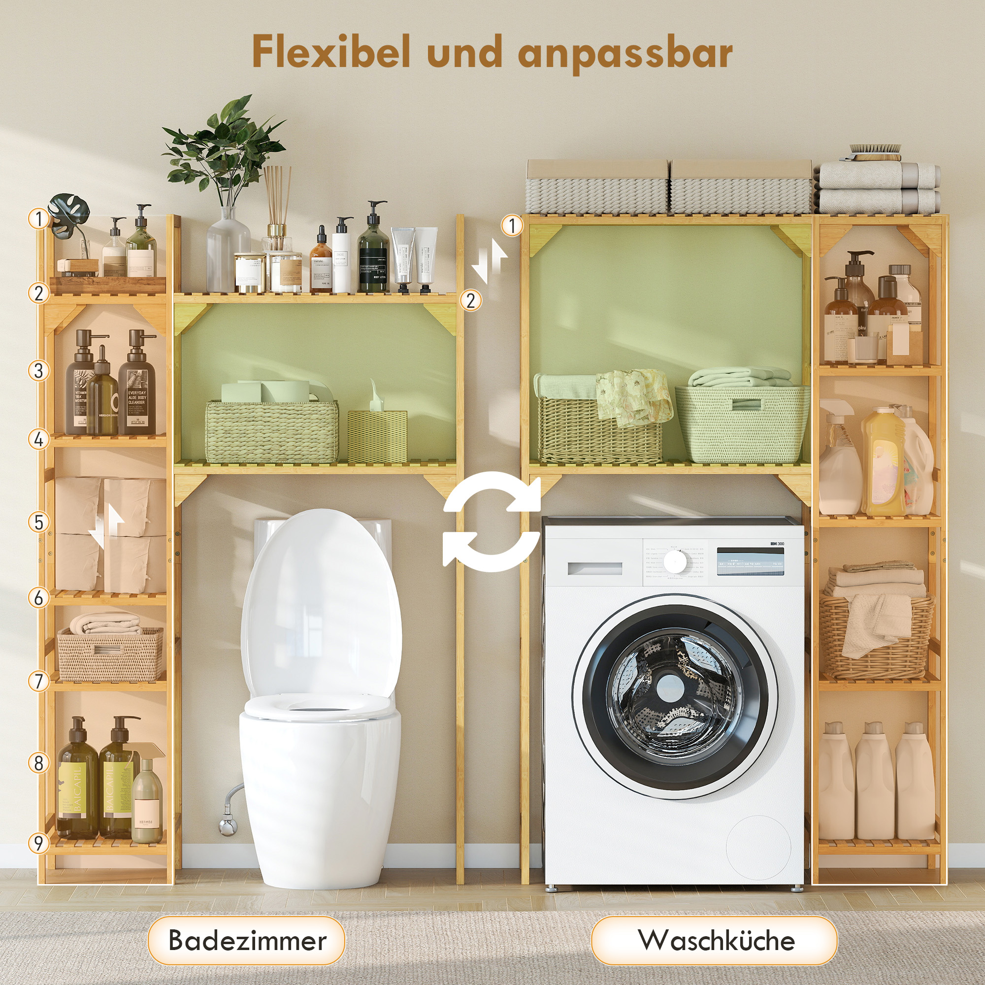 Waschmaschinenregal, mehrere offene Fächer, für Wäsche, Zubehör, Bambusholz