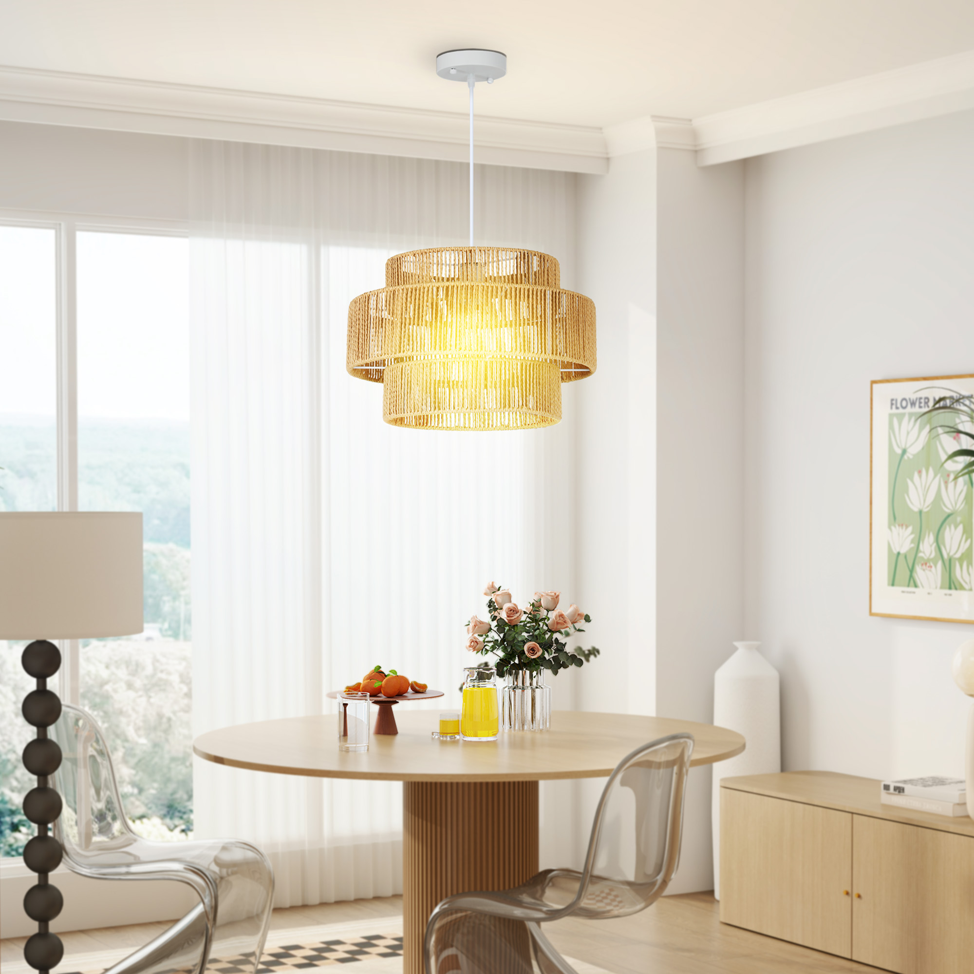 Hängelampe, 3-stufiger Lampenschirm, Metall, Hanfseil, Hellbraun