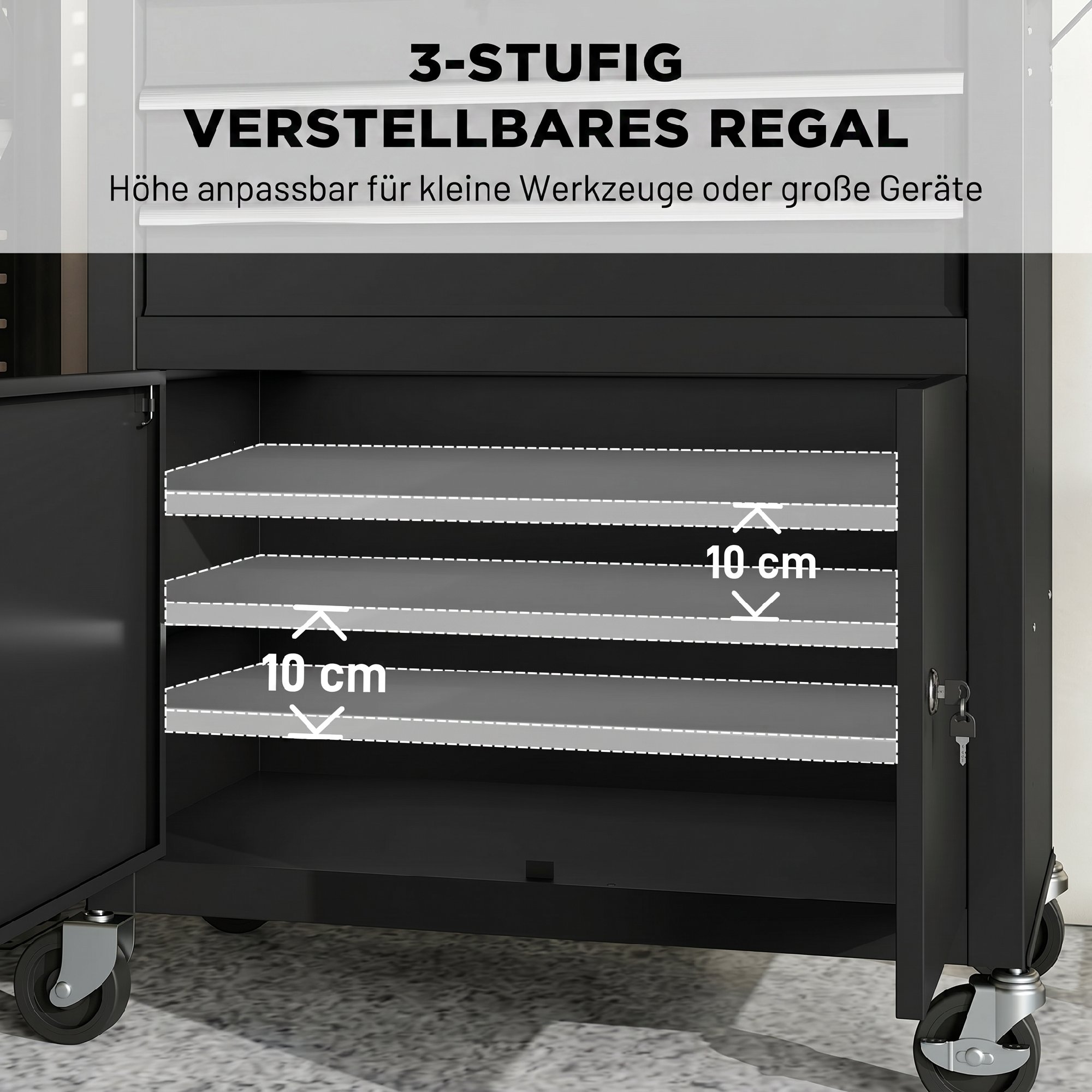Werkzeugschrank Werkzeugkasten auf Rollen mit Lochplatte, 3 Schubladen für Garage und Werkstatt, Schwarz