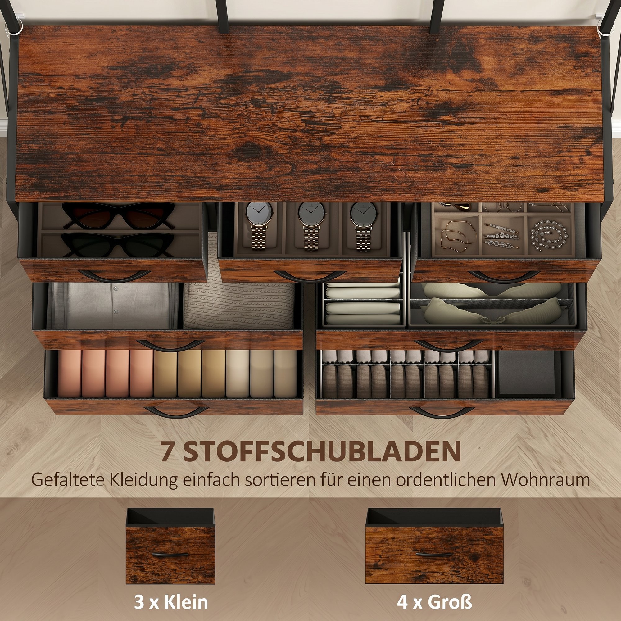 Garderobenständer, Kleiderständer mit Stoff-Schublade, 14 Haken für Flur, Schlafzimmer, Rustikal-Braun, Höhe 183 cm