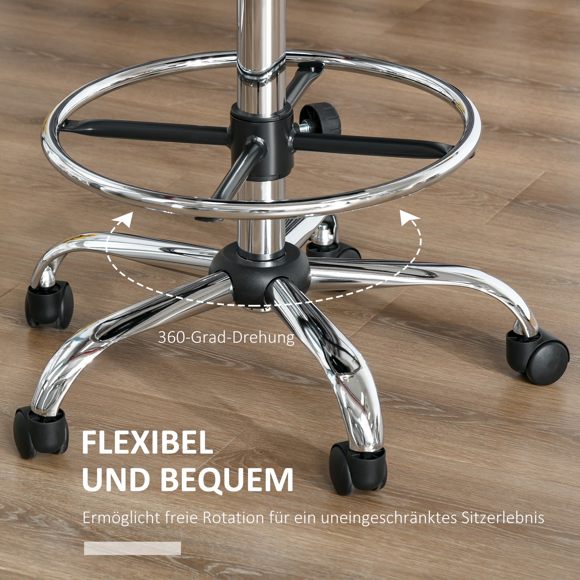 Barhocker Drehstuhl Höheverstellbarer Barstuhl mit Rollen aus Kunstleder-Leder Arbeitshocker Bürohocker 360° schwenkbar mit Lehne Gepolstertet Beige 56 x 57 x 104-127 cm