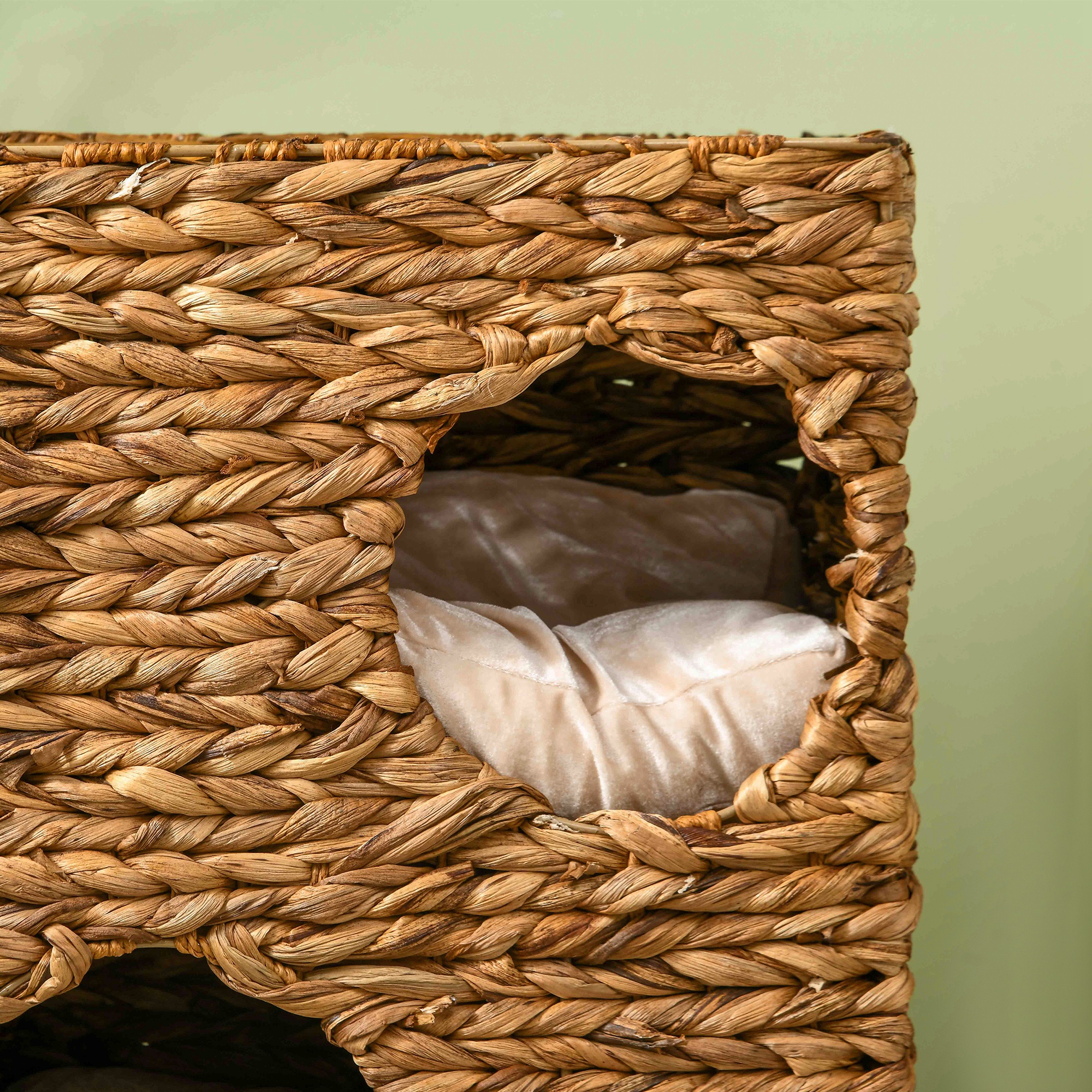 Katzenbaum mit Kratzturm, 3 Etagen, gepolsterte Kissen, Türöffnungen, Wasserhyazinthe, Hellbraun