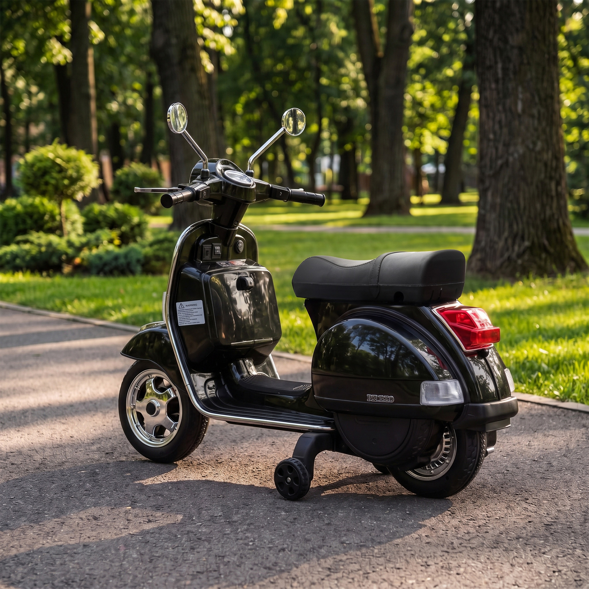 Elektro Motorrad Kinder Vespa PX150 12V Elektromotorrad mit Lithium Akku 35W 2 Motoren 25° Lenkbegrenzung für 3-6 Jahre