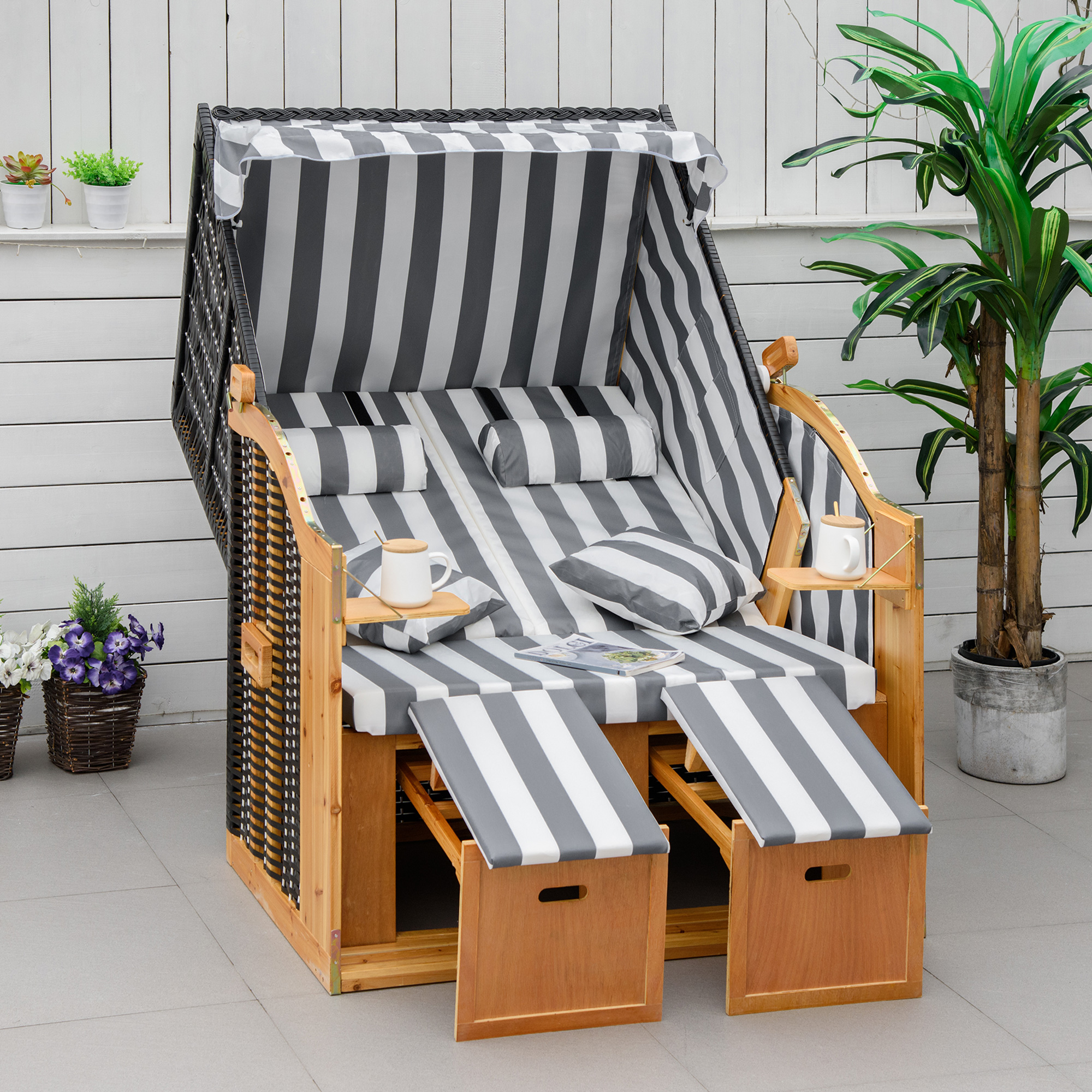 Strandkorb mit Fußstützen, Klapptisch und Nackenrollen, Outdoormöbel, Natur + Grau + Weiß