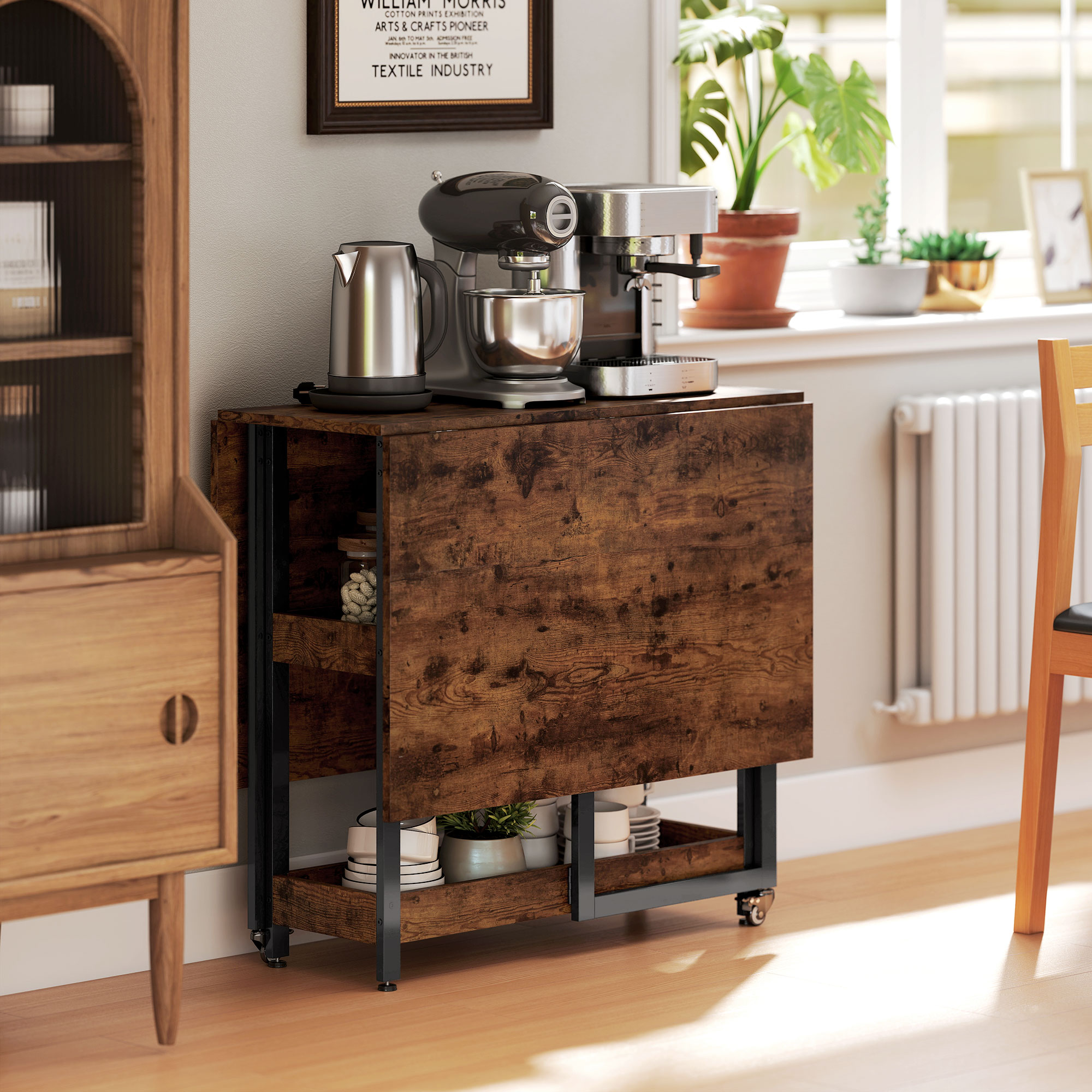 Klappbarer Esstisch im Industriedesign, für bis zu 4 Personen, offene Regale, flexibel, Metall, Spanplatte, Braun