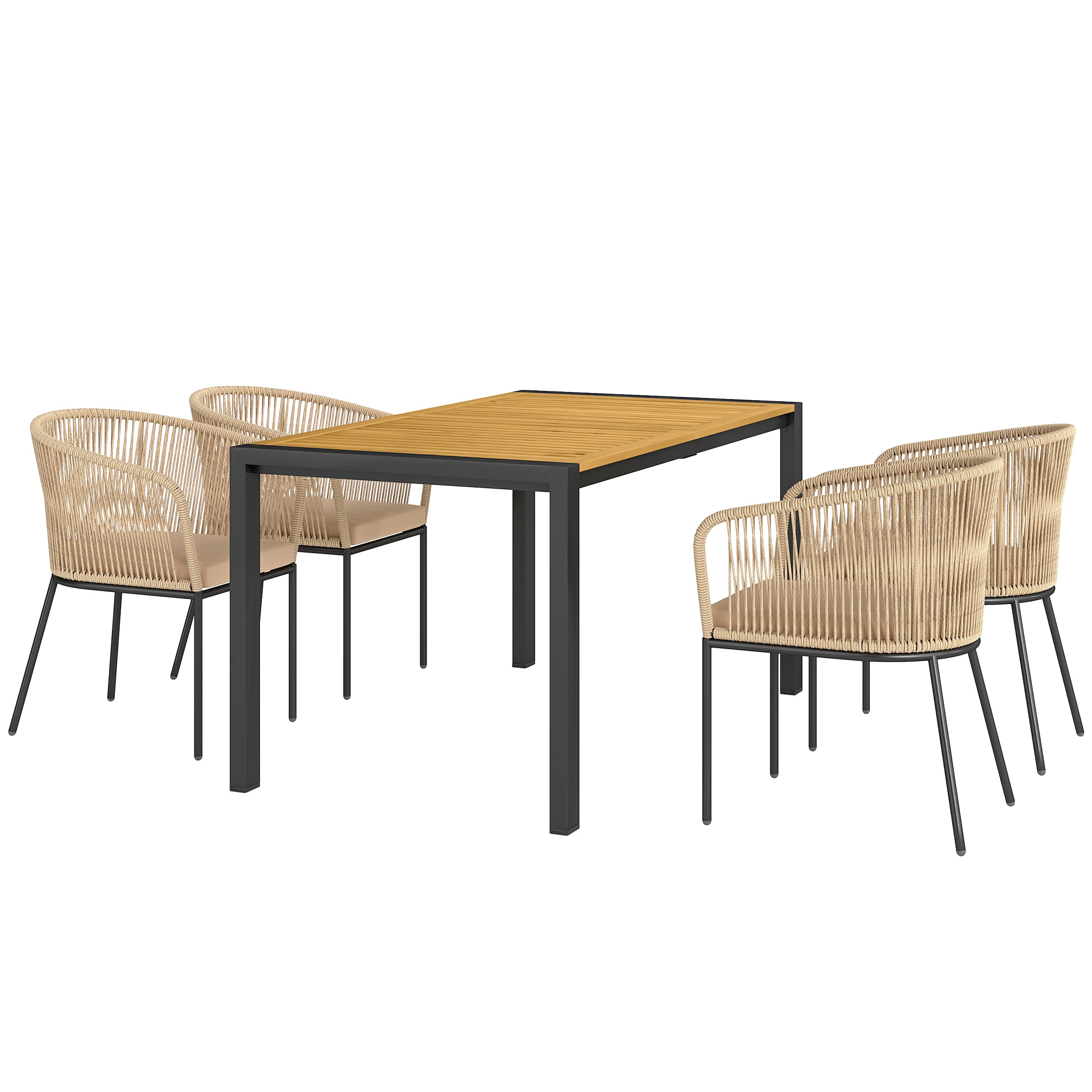 5-teiliges Gartenmöbel-Set, 4 Stühle, 1 Tisch, Kunst-Rattan, Stahlgestell, waschbare Kissen, für Terrasse, Khaki 5-teiliges Gartenmöbel-Set, 4 Stühle, 1 Tisch, Kunst-Rattan, Stahlgestell, waschbare Kissen, für Terrasse, Khaki