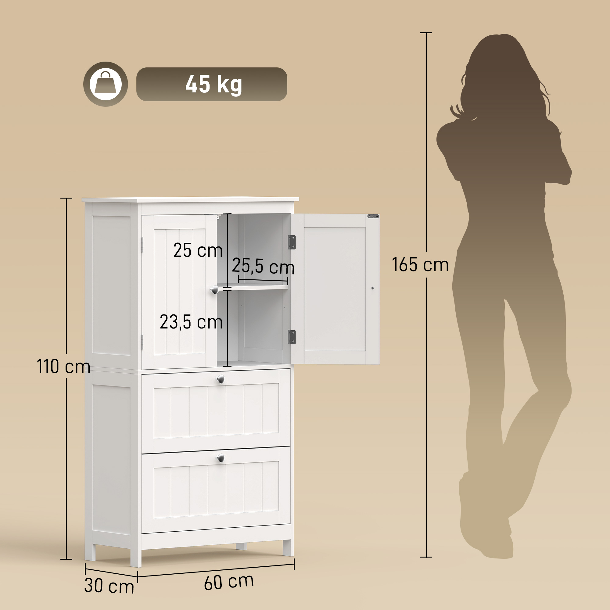 Badezimmerschrank mit 2 Schubladen, freistehend, mit verstellbarem Einlegeboden und Türen in Lamellenoptik, Weiß