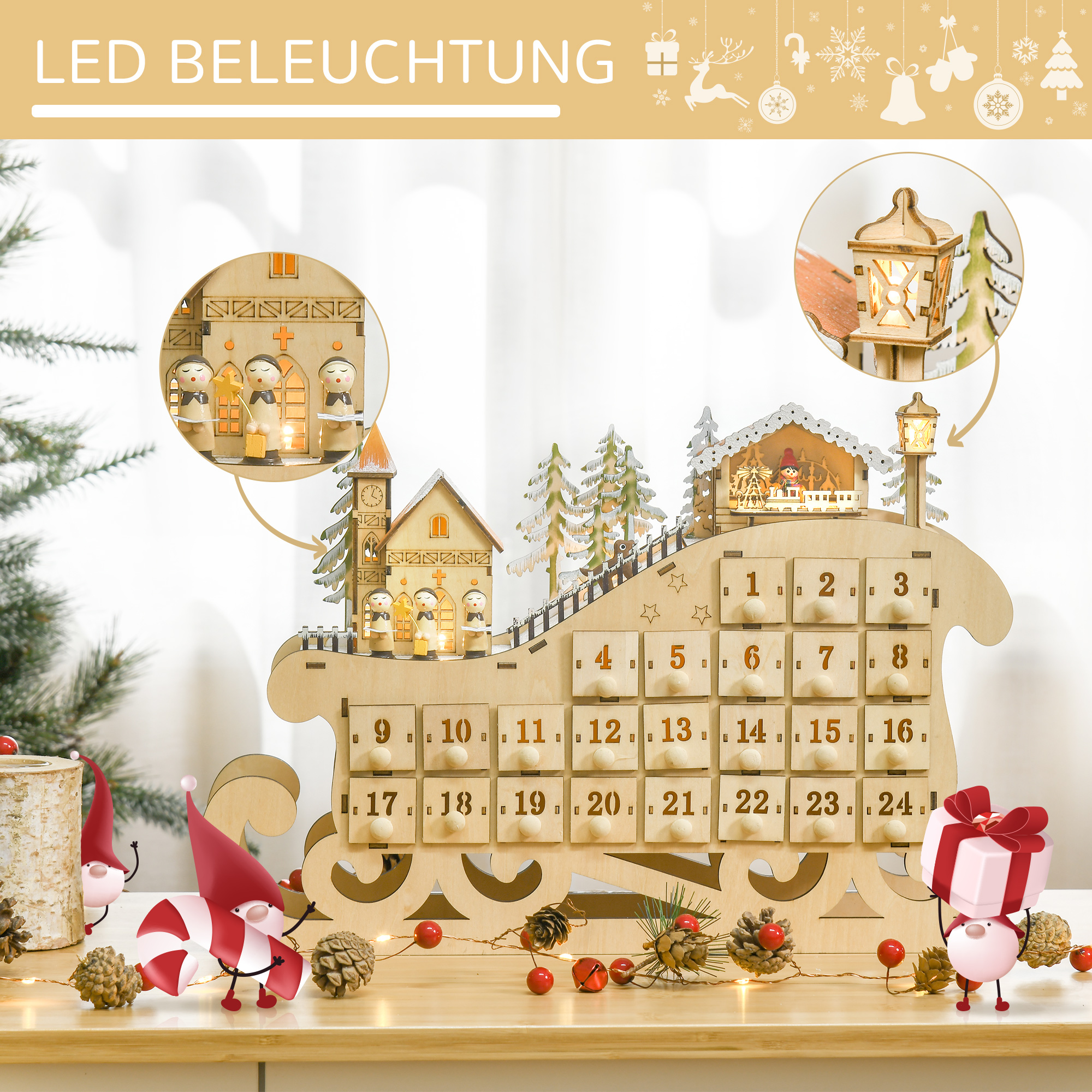 Adventskalender zum Befüllen mit 24 Schubladen LED-Lichtern Schlitten-Form, DIY Weihnachtskalender Weihnachts-Countdown-Kalender Geschenk für Kinder Erwachsene