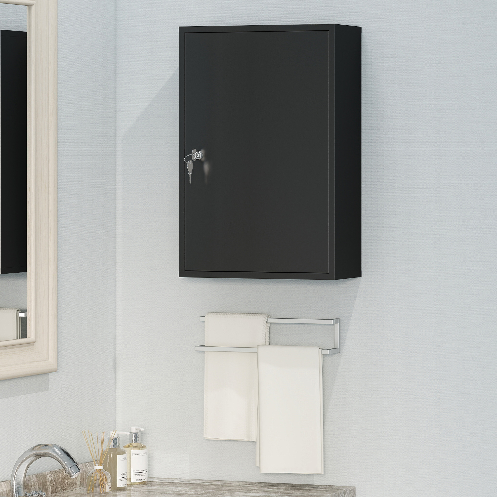 Wand-Medizinschrank, Badezimmerschrank mit 3 Regalböden, 2 Schlüsseln, 40 x 18 x 60 cm, Schwarz
