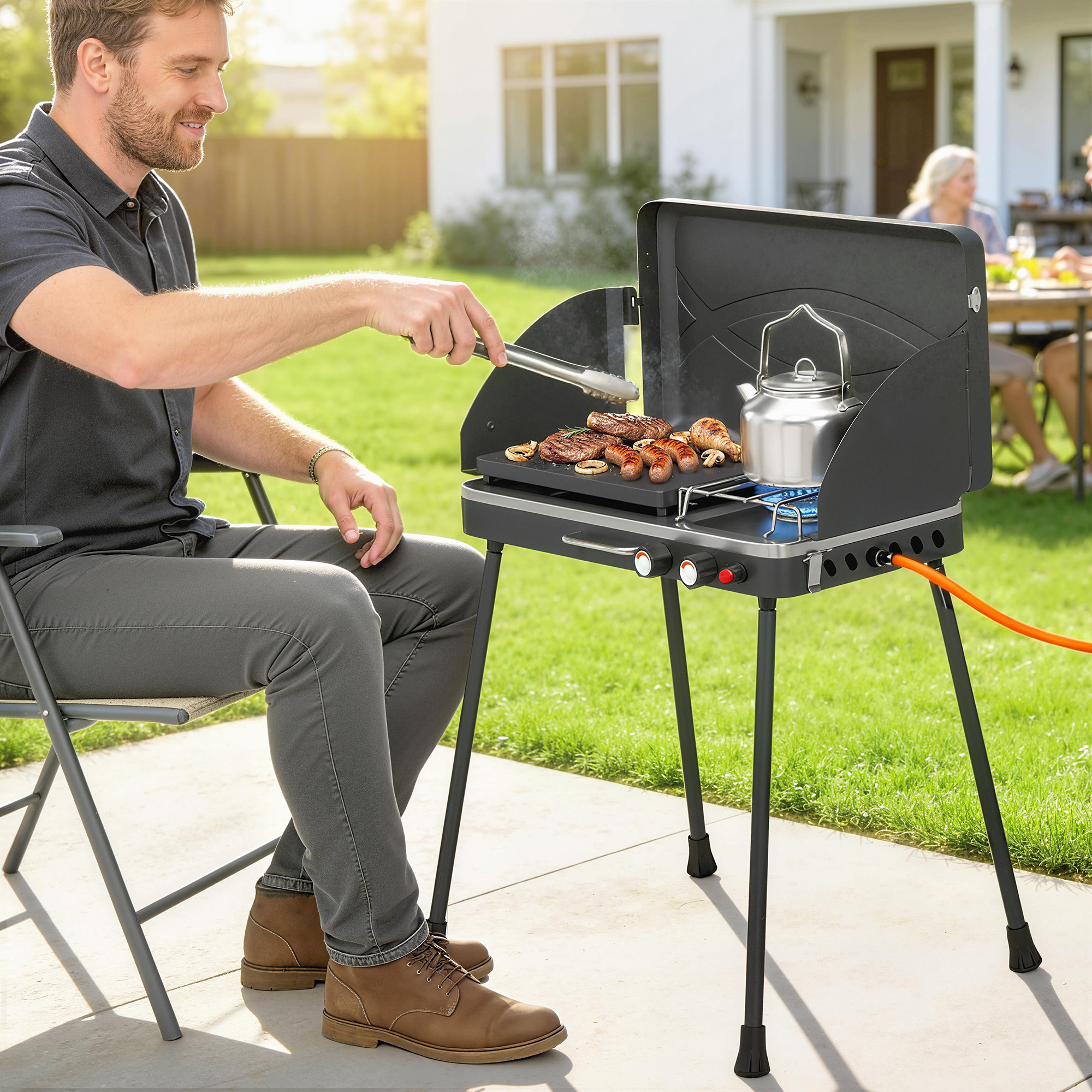 tragbarer Gasgrill 2 Brenner 7 kW 2-in-1 Tischgrill mit Braten klappbar Beinen Grillrost Windschutz Deckel Verschluss
