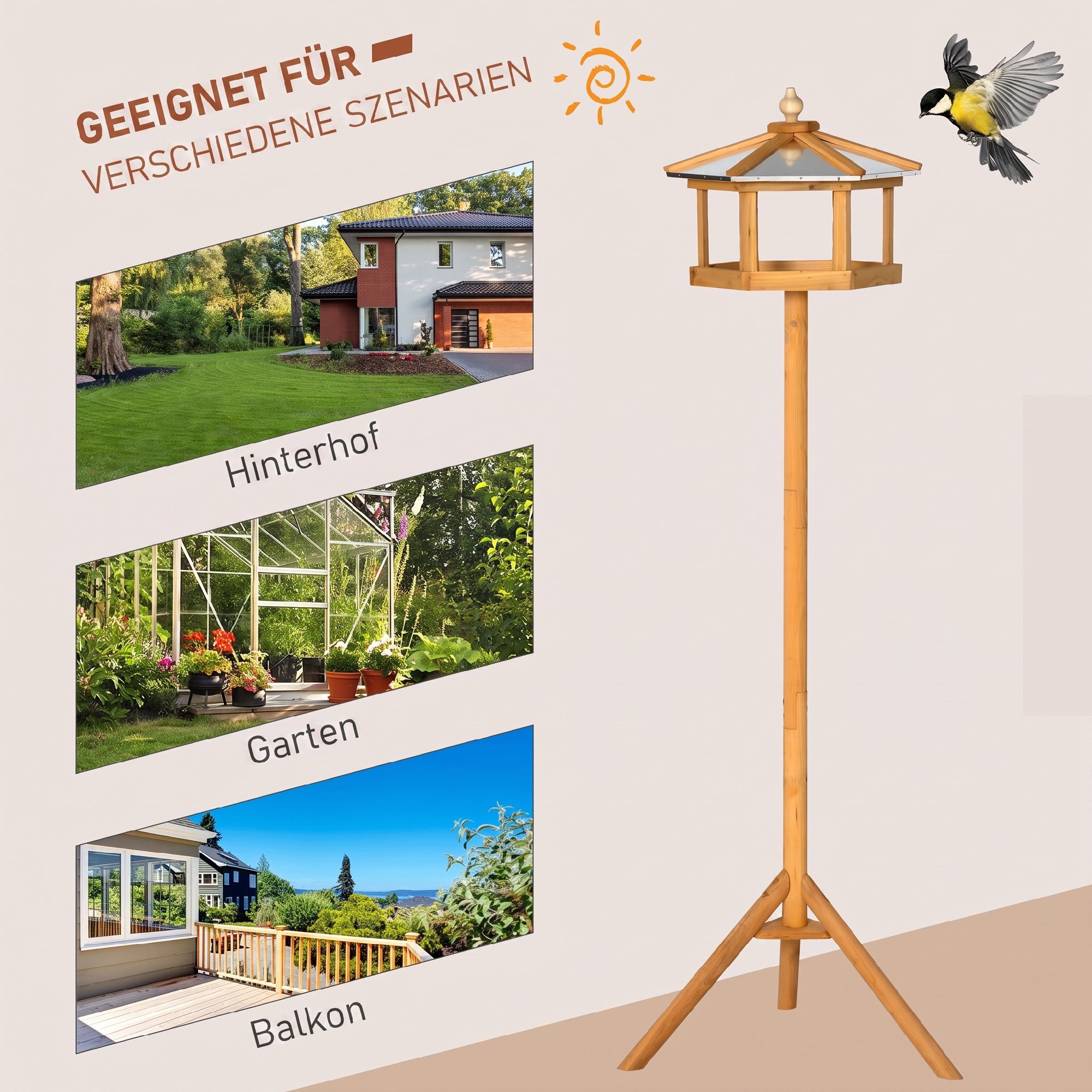 Vogelhaus mit Ständer Holz Vogelfutterhaus mit Plattform geneigtes Metalldach Ø57,7 x 153H cm Naturholz
