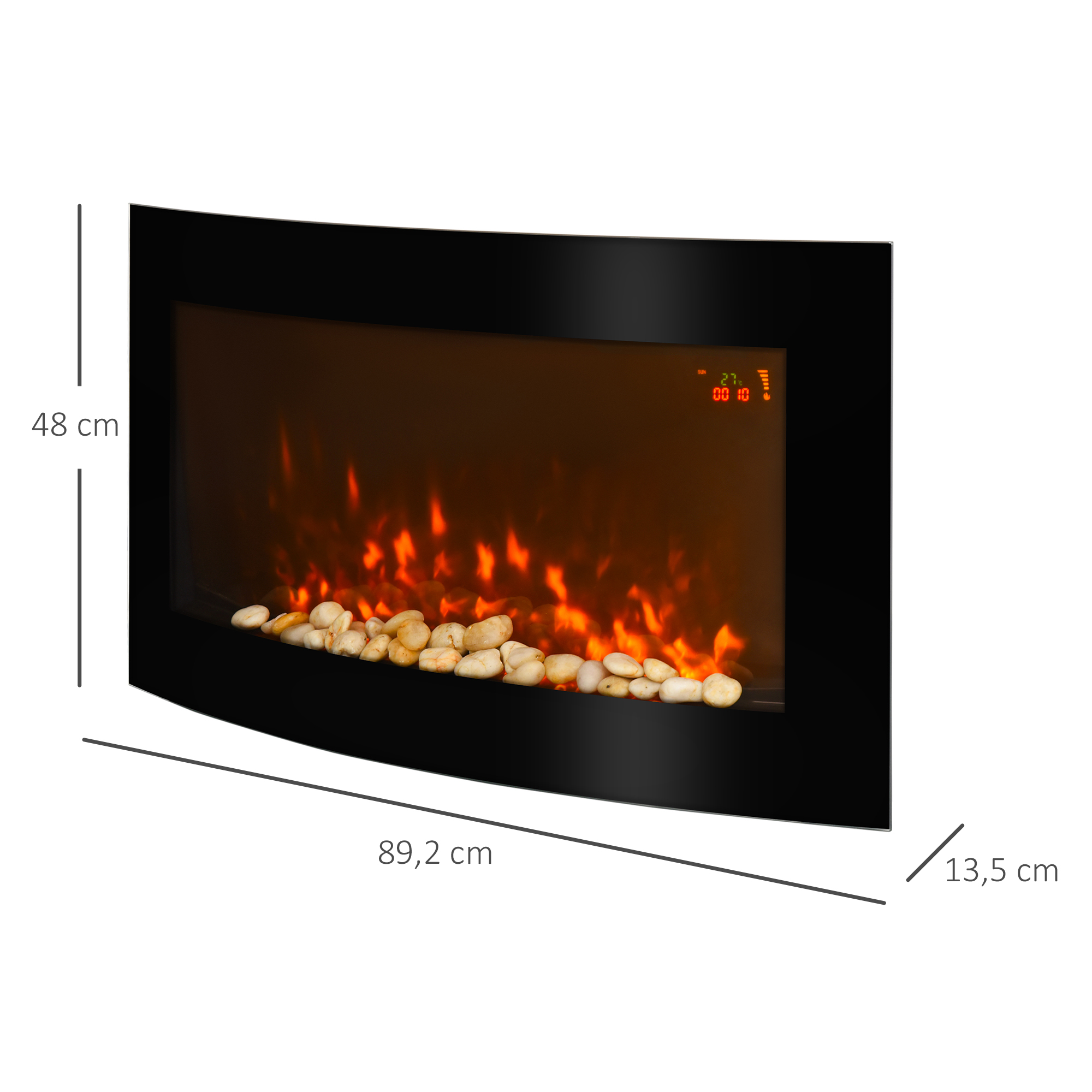 Elektrokamin mit Heizung, Wandkamin mit LED Flammeneffekt, 7 Flammenfarben, 1000/2000 W, elektrischer Kamin mit Timer, Einstellbarer Thermostat, Dekokamin mit Fernbedienung, Schwarz, 89,2 cm