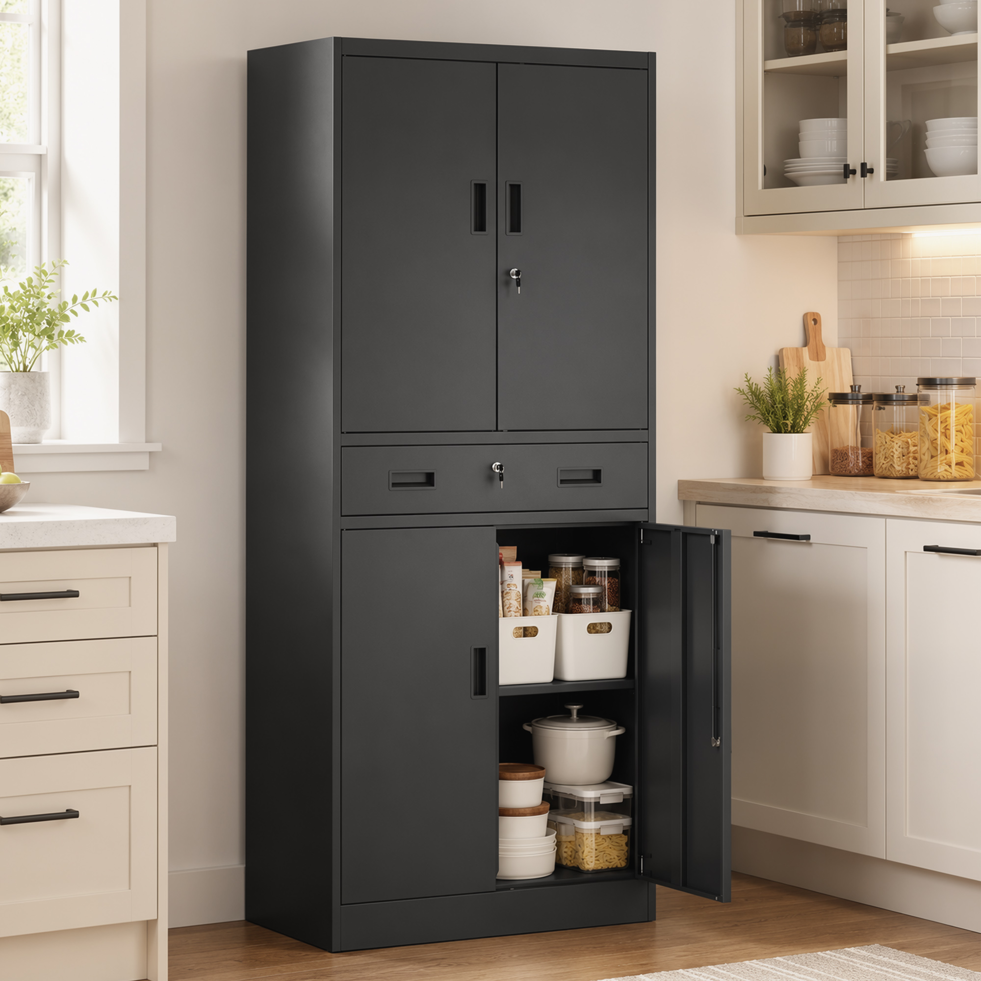 Metallschrank 180 cm, Werkzeugschrank mit abschließbaren Türen, Schublade und verstellbaren Böden, Schwarz