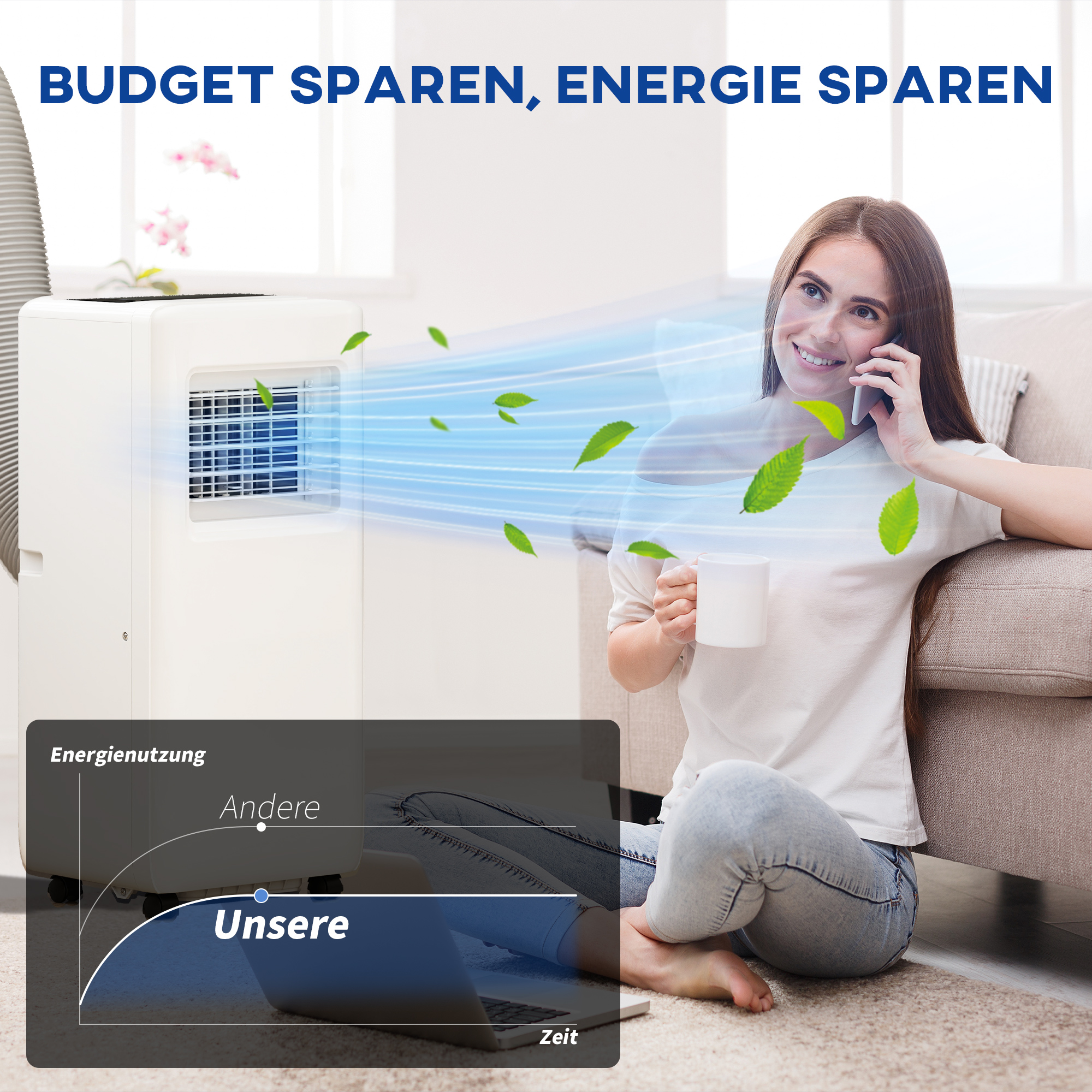 mobile Klimaanlage, verschiedene Einstellungen, LED-Display, Timer, Räder, Weiß