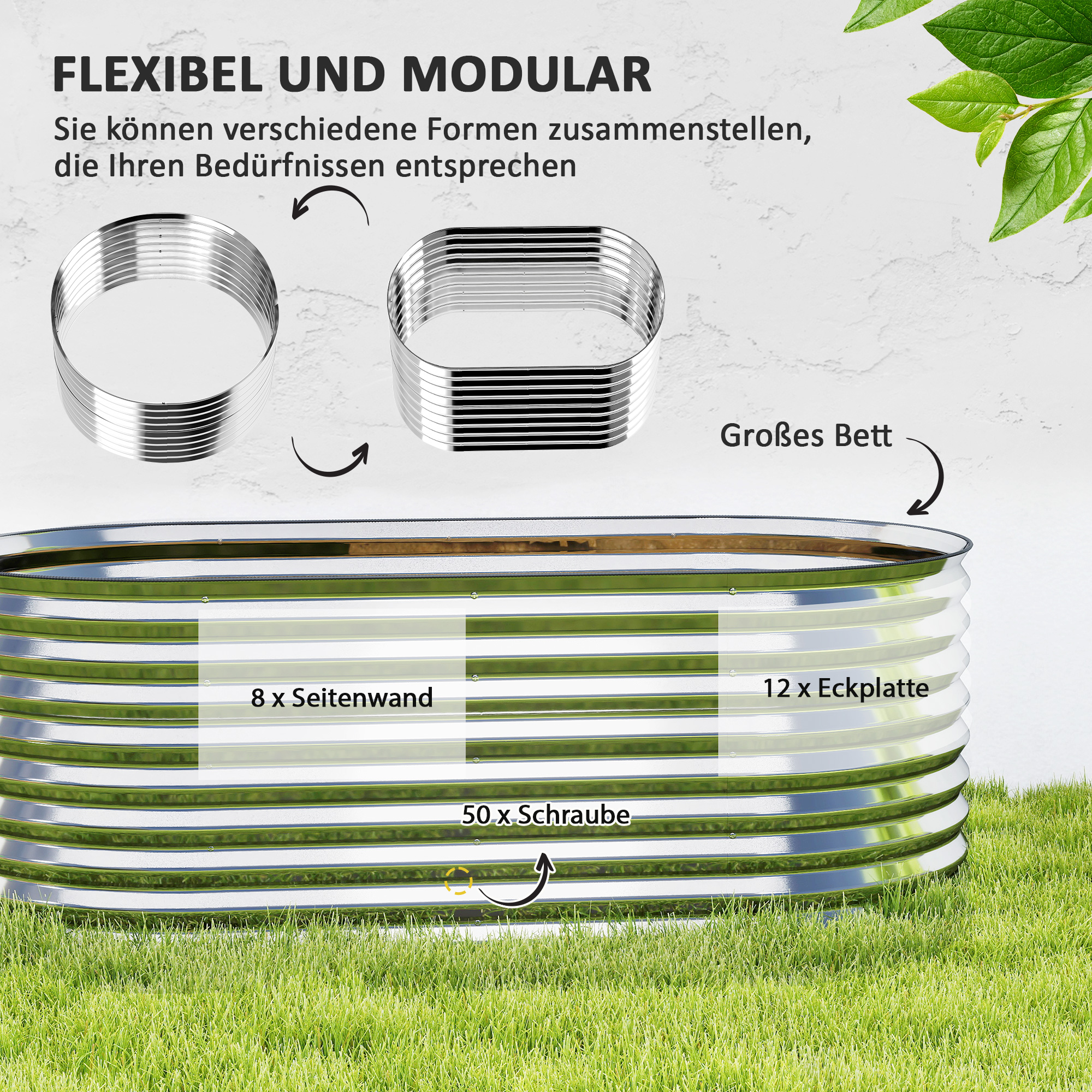 Pflanzkübel, Metall-Blumenkübel mit Sicherheitskante und Handschuhen, offener Boden, 160B x 80T x 56H cm, Grau