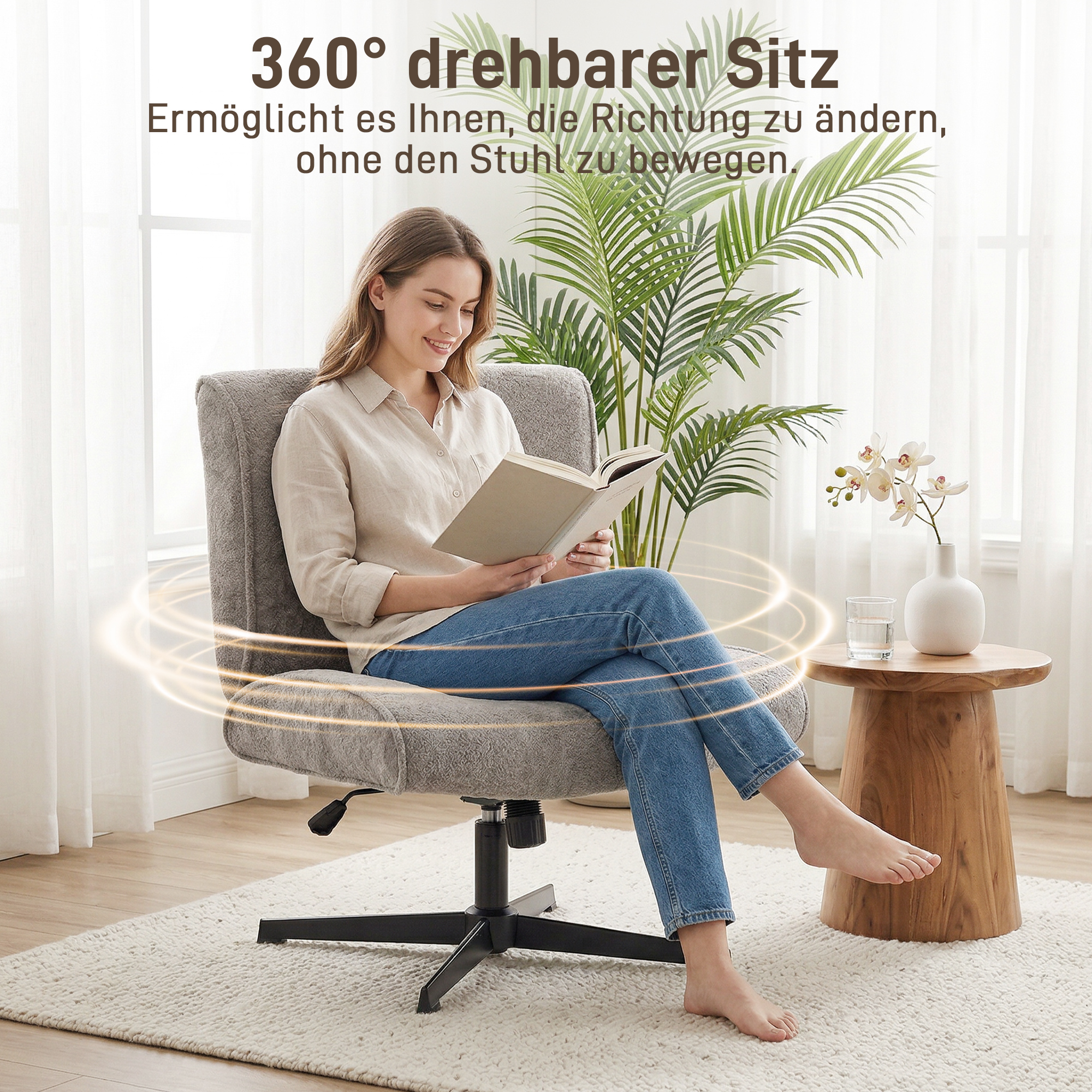 Drehbarer Akzentstuhl, Samtgepolsterter Lounge-Sessel mit Höhenverstellung für Wohnzimmer, Büro, Grau