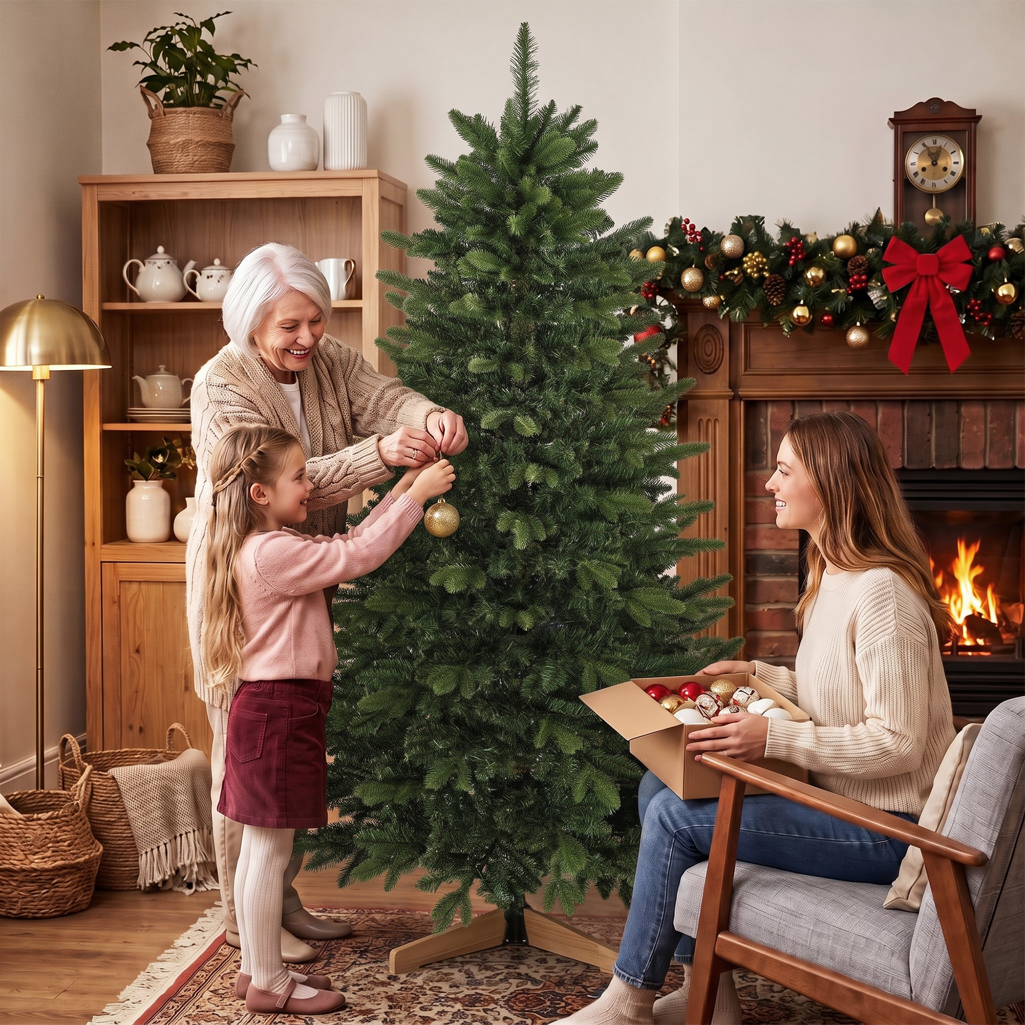 künstlicher Weihnachtsbaum 180 cm, Fraser-Tanne mit Holzständer, 988 realistische Zweigspitzen für Zuhause und Büro, Grün