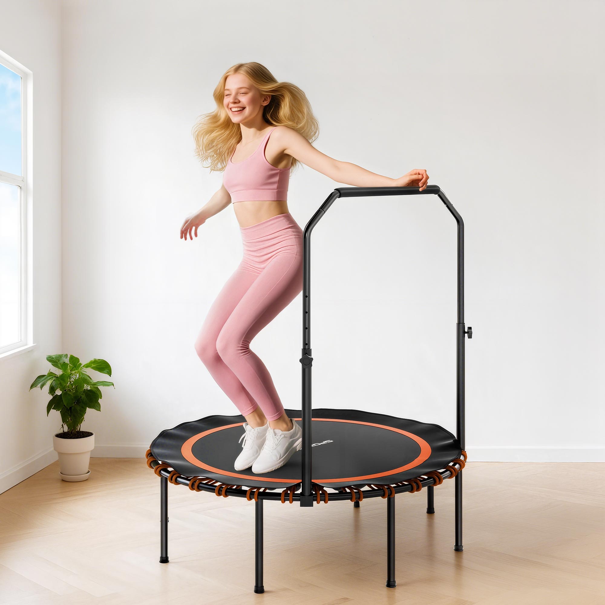Fitness-Trampolin mit verstellbarem Handlauf, Sport-Trampolin für drinnen und draußen, Stahl, Kunststoff, Orange