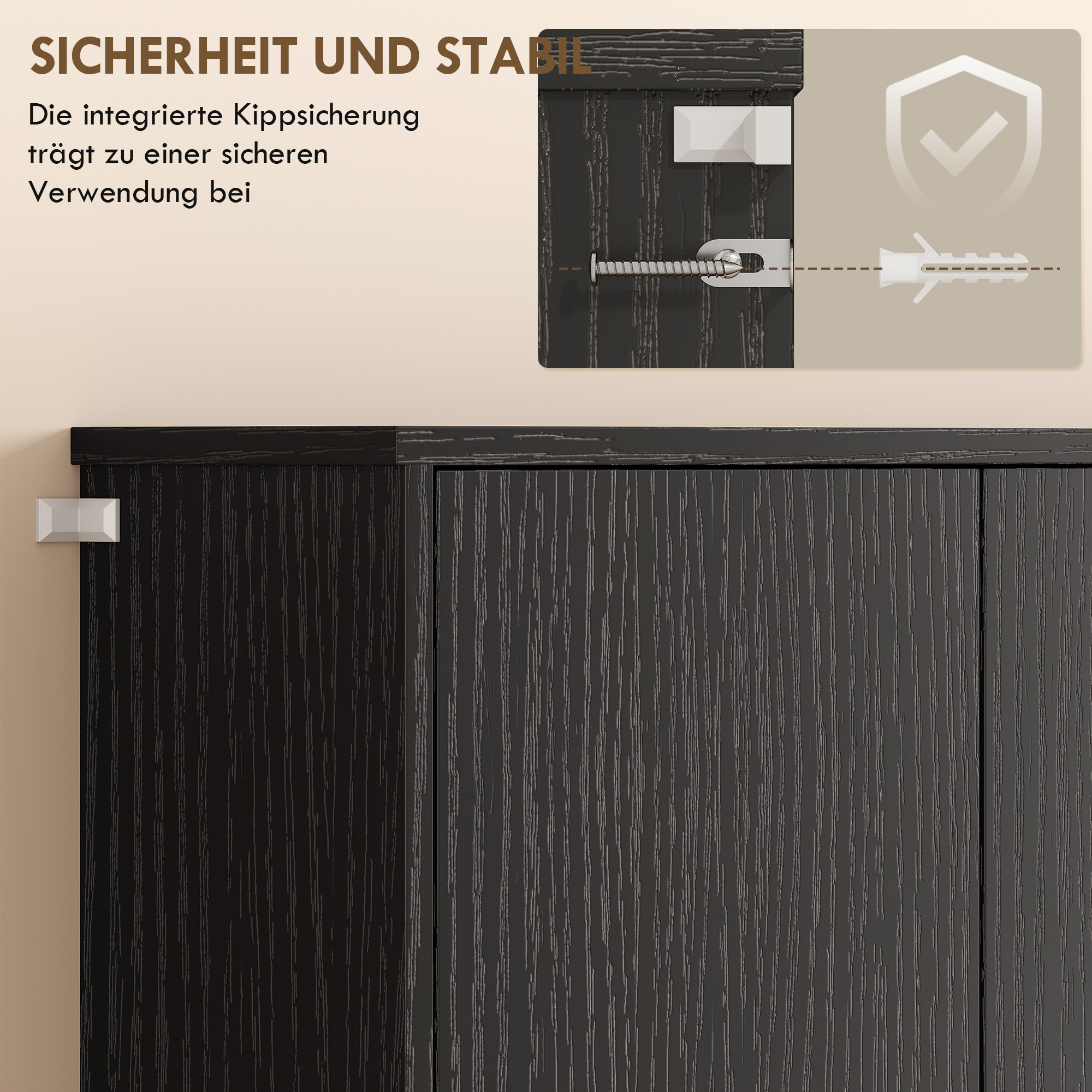 Buffet-Küchenschrank mit Arbeitsplatte, 6 Türen, hoher Stauraumschrank mit Regalen, Schwarz