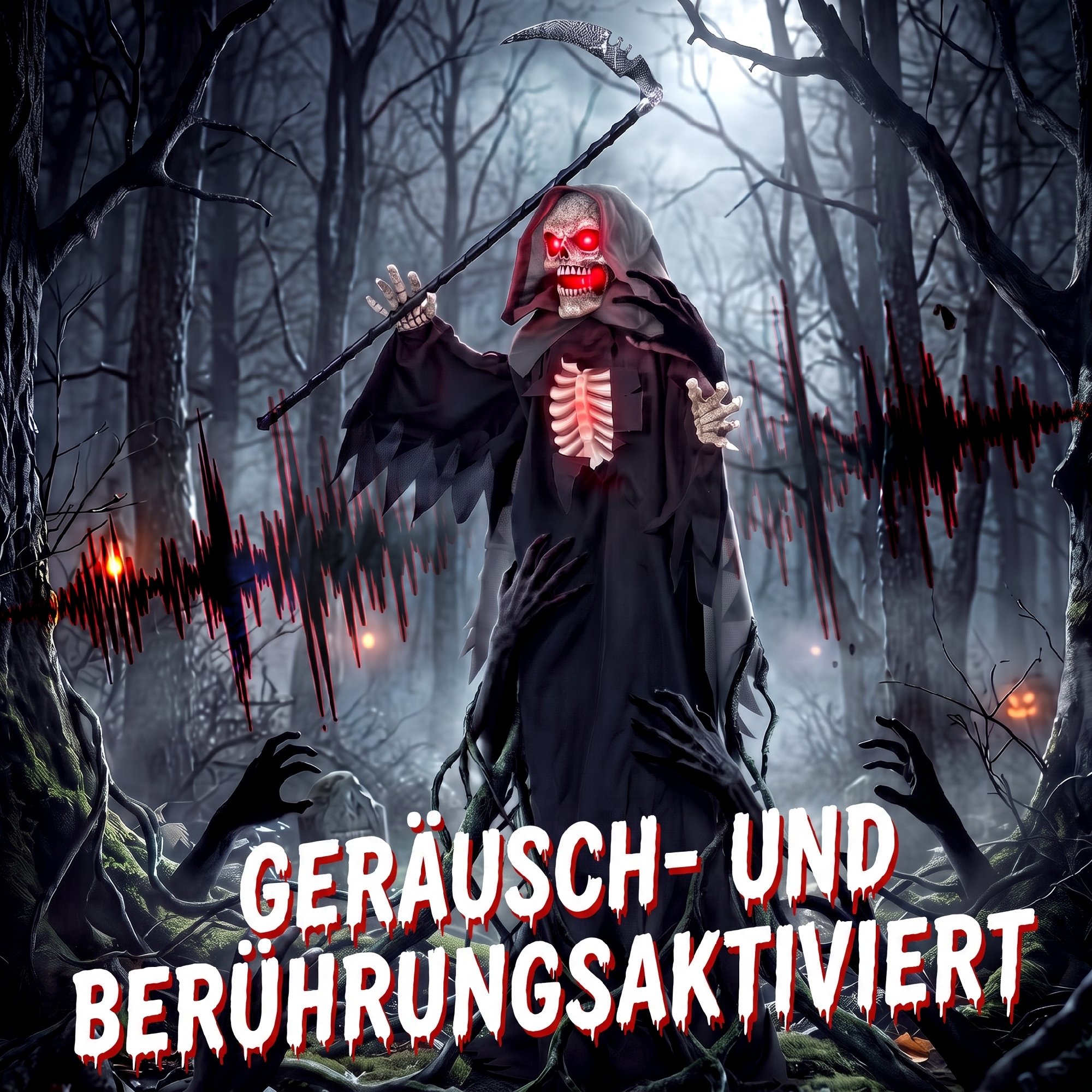 170 cm Halloween Animierte Sensenmann Deko mit Sound- und Berührungsaktivierung, leuchtenden Augen und Brustkorb