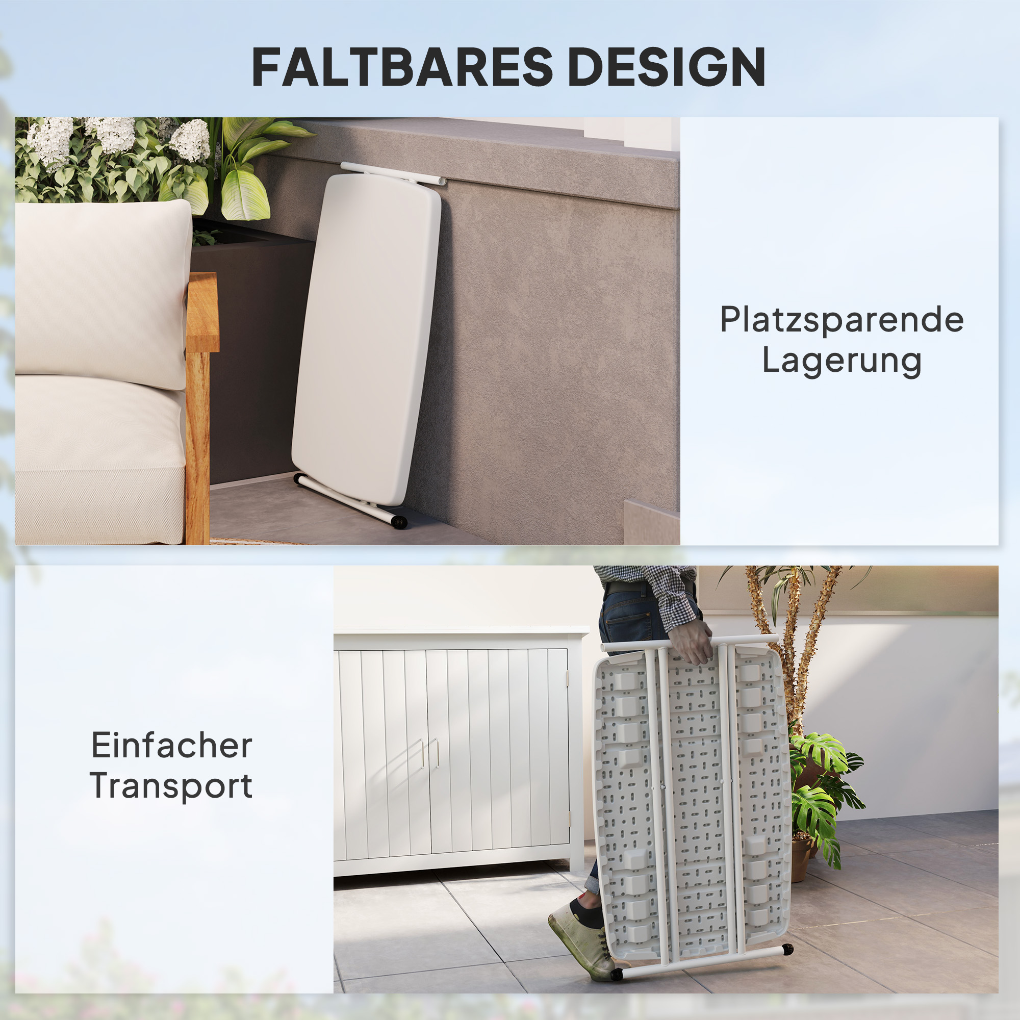 Gartentisch, Tragbarer Tisch für den Außenbereich aus Kunststoff und Metall, Bistrotisch, für Terrasse, Garten, Weiß