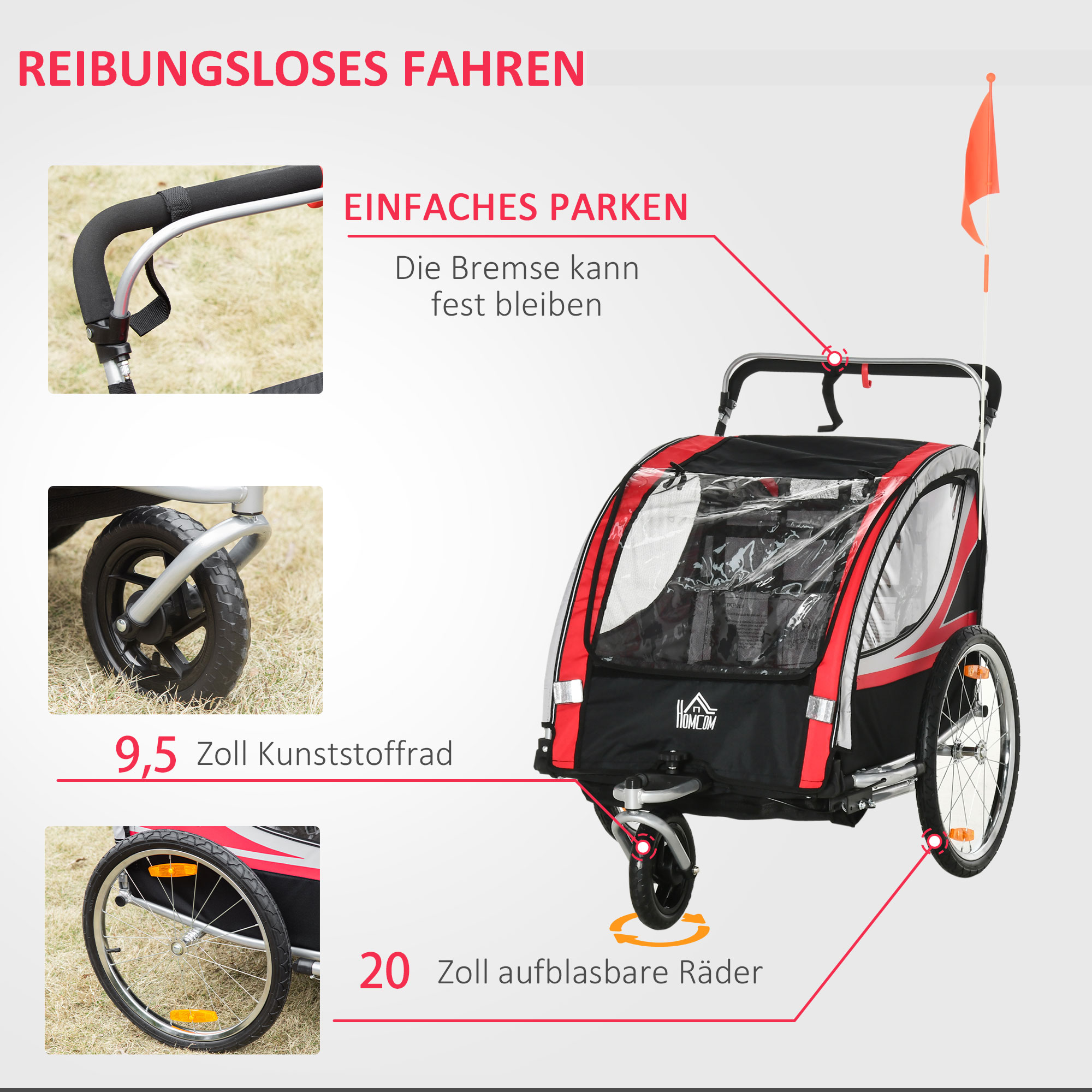 Kinderfahrradanhänger, 2-in-1, Joggerfunktion, wetterfeste Plane, Stahlrahmen, rot+schwarz, 142 x 75 x 101cm