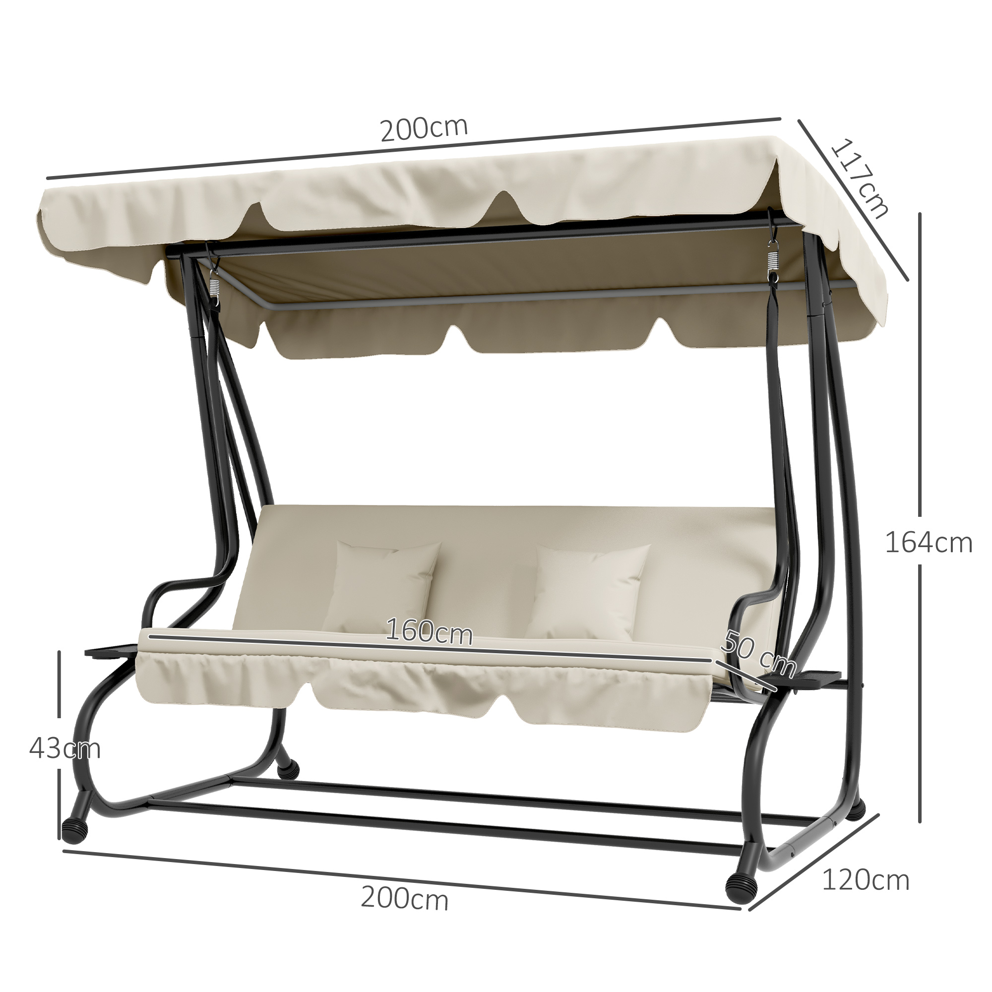 2-in-1 Hollywoodschaukel mit Liegefunktion, verstellbares Dach, bis 340 kg, Stahl, 200x120x164 cm, Cremeweiß
