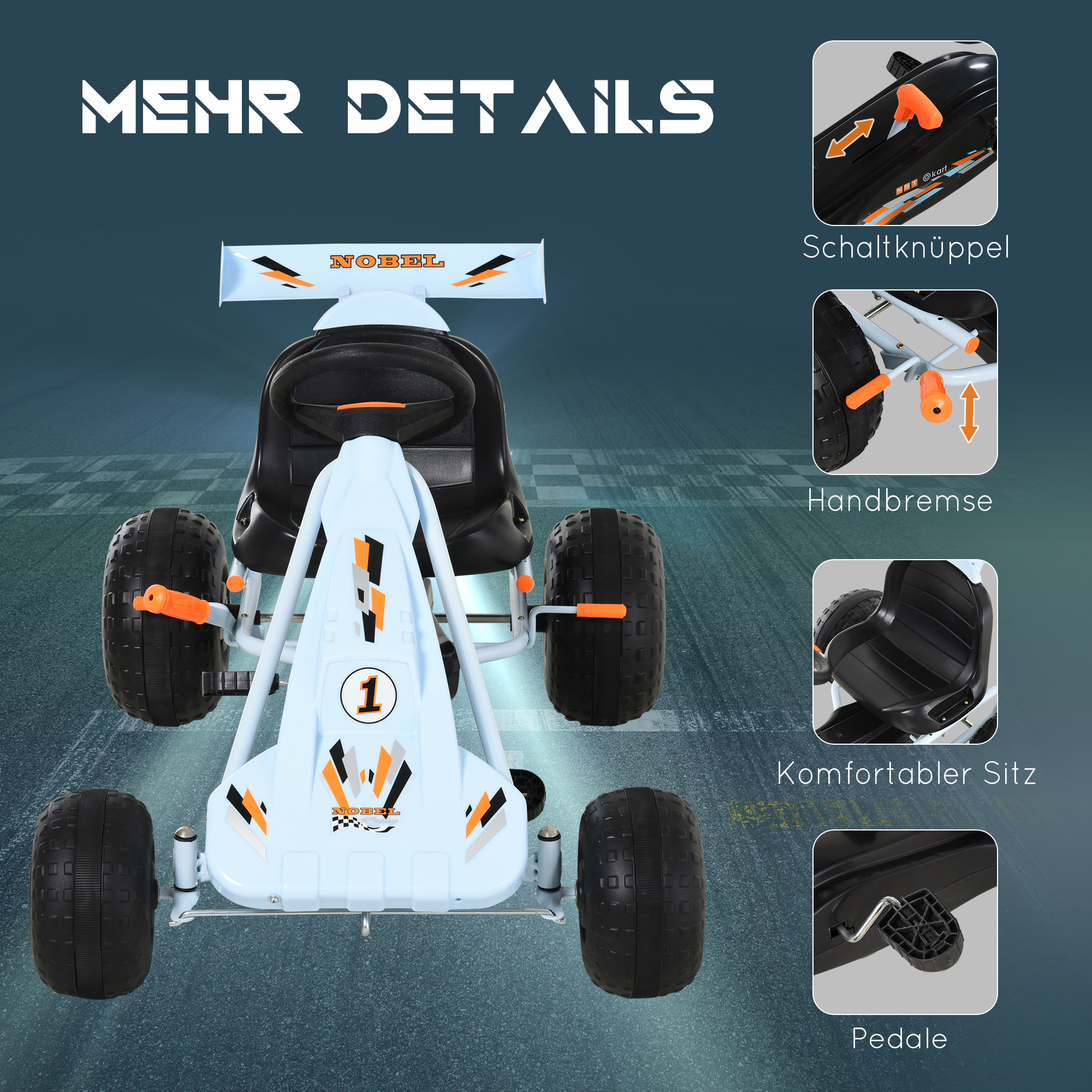 Gokart Tretauto mit Handbremse, verstellbarem Sitz, Pedal, Vor- und Rückwärtsgang, Kettcar Tretfahrzeug Kinderfahrzeug Kinderspielzeug Pedal-Gokart für Kinder ab 3 Jahren Hellblau