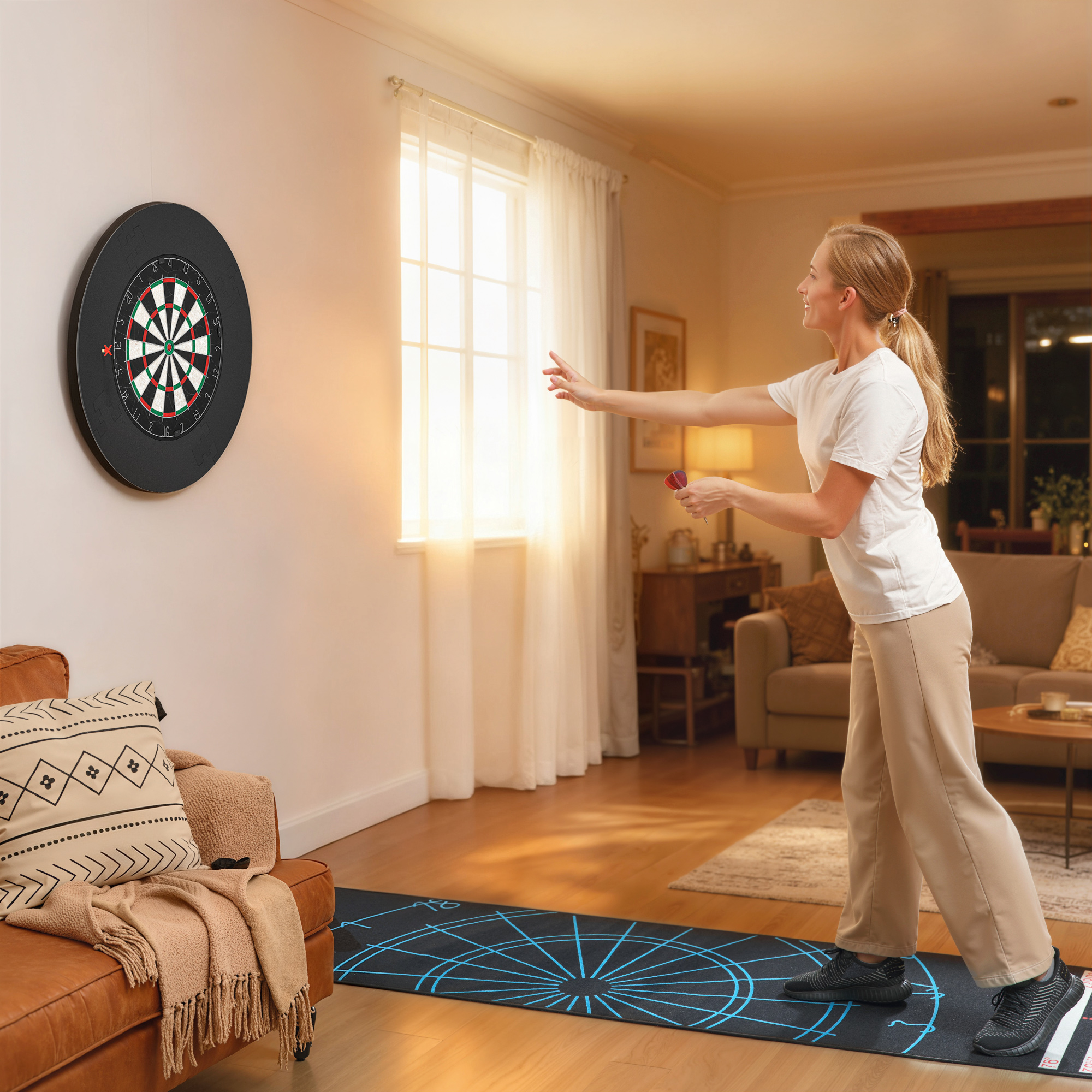 Dartscheibe Dartboard-Set mit Schutzring, 6 Dartpfeile mit Stahlspitzen, Sisal, Kunststoff, Schwarz