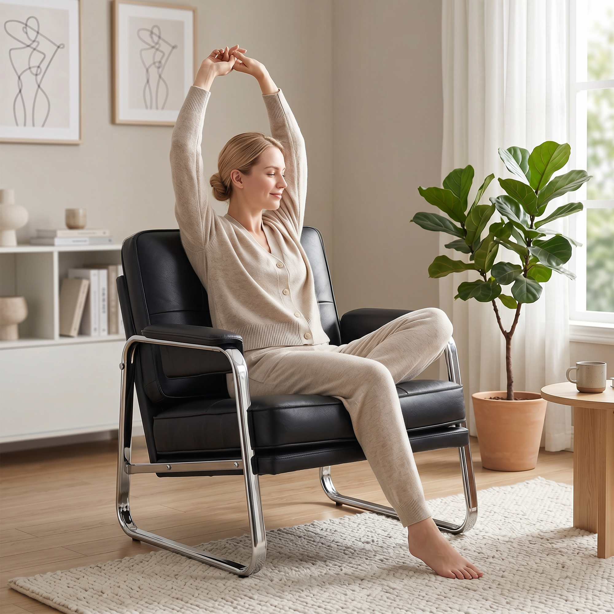 Sessel Loungesessel mit breiter Sitz, Armlehnen, Stahlbeinen, aus Kunstleder für Wohnzimmer, Schlafzimmer, Schwarz