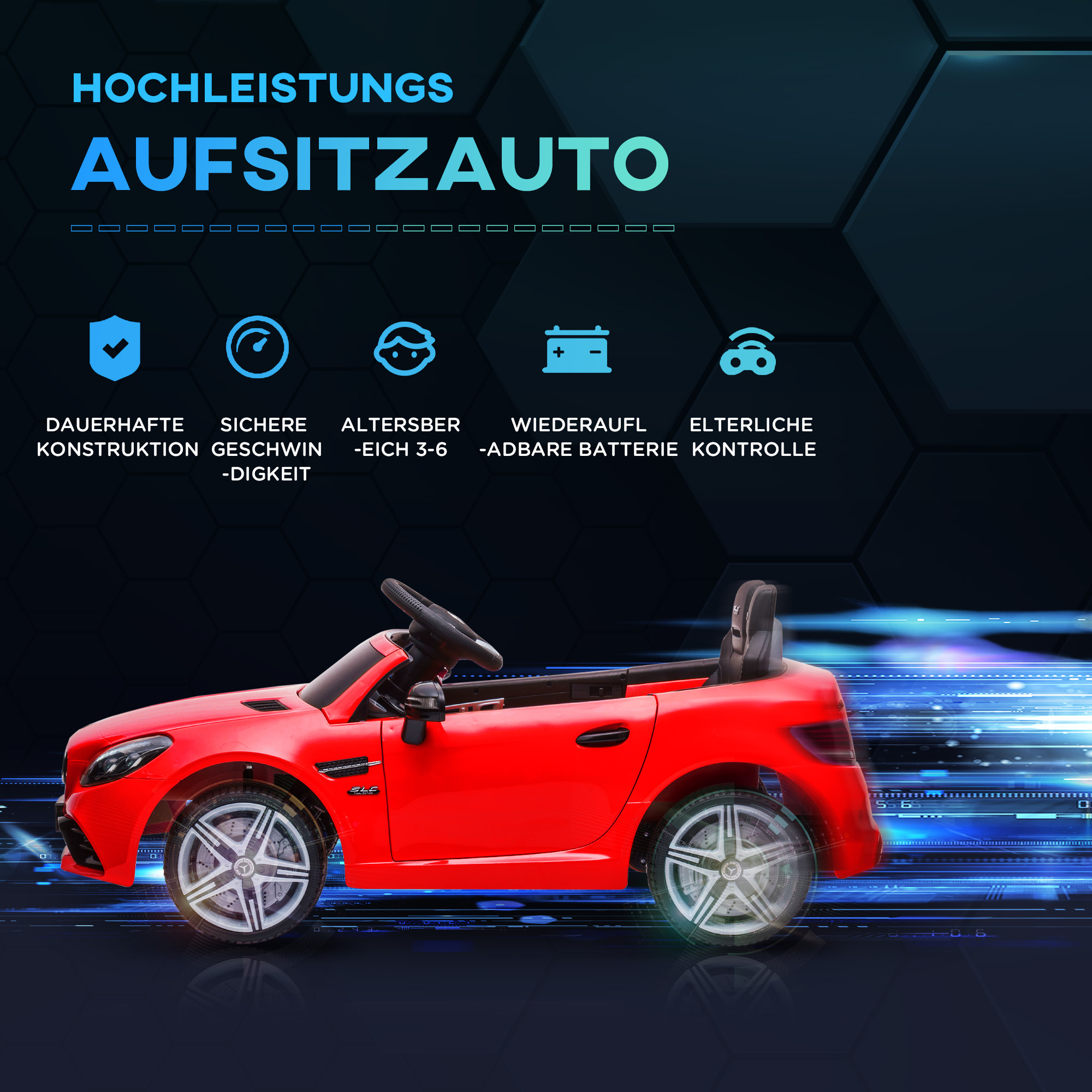 Kinder-Elektroauto mit LED-Scheinwerfern, Sicherheitsgurt, Hupe, Musik, 3-5 km/h, 3-6 Jahre, Rot