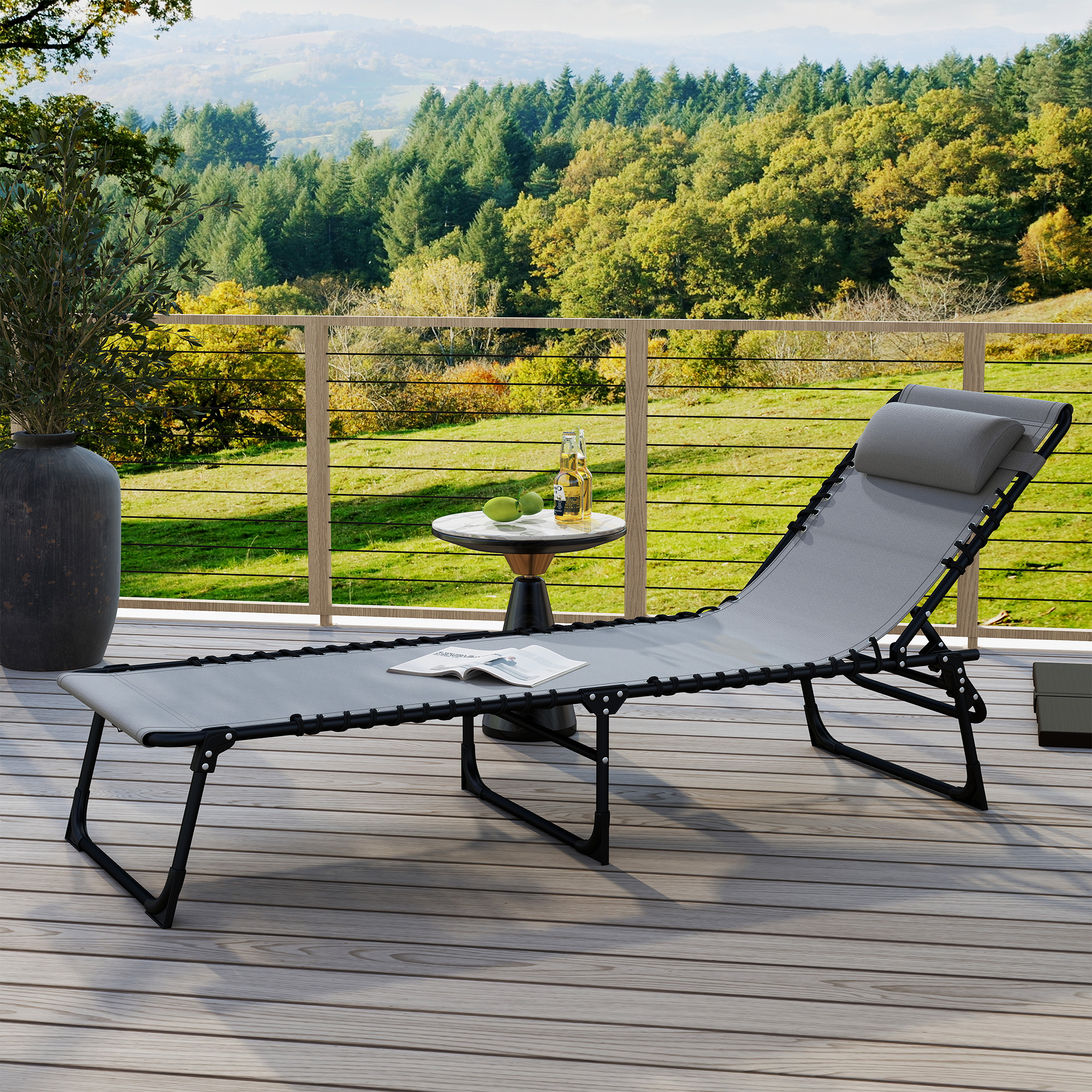 Sonnenliege klappbar Gartenliege, Liegestuhl mit 4-Fach verstellbare Rückenlehne, wetterfeste Campingliege bis 120 kg belastbar, für Garten Strand Pool, Grau
