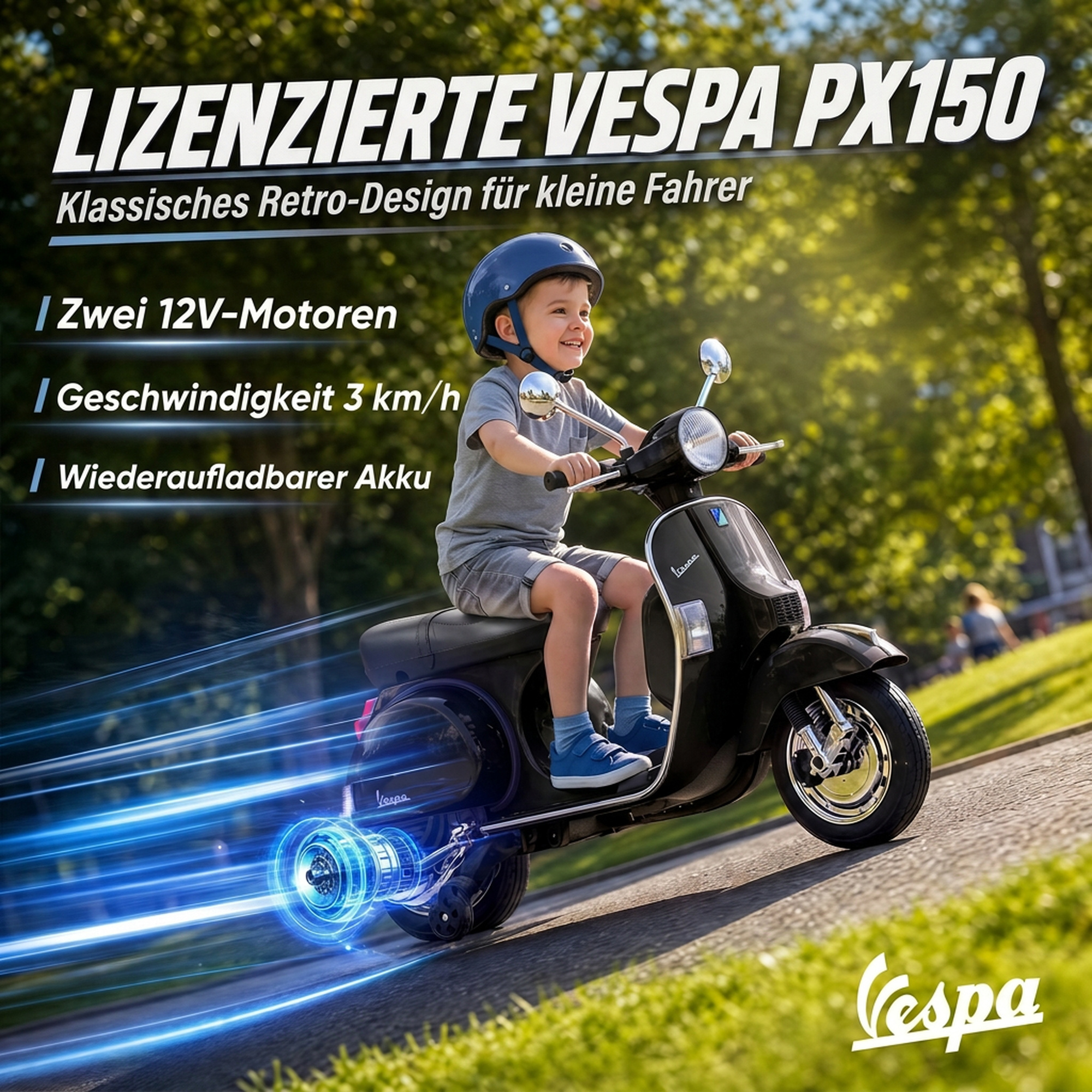 Elektro Motorrad Kinder Vespa PX150 12V Elektromotorrad mit Lithium Akku 35W 2 Motoren 25° Lenkbegrenzung für 3-6 Jahre