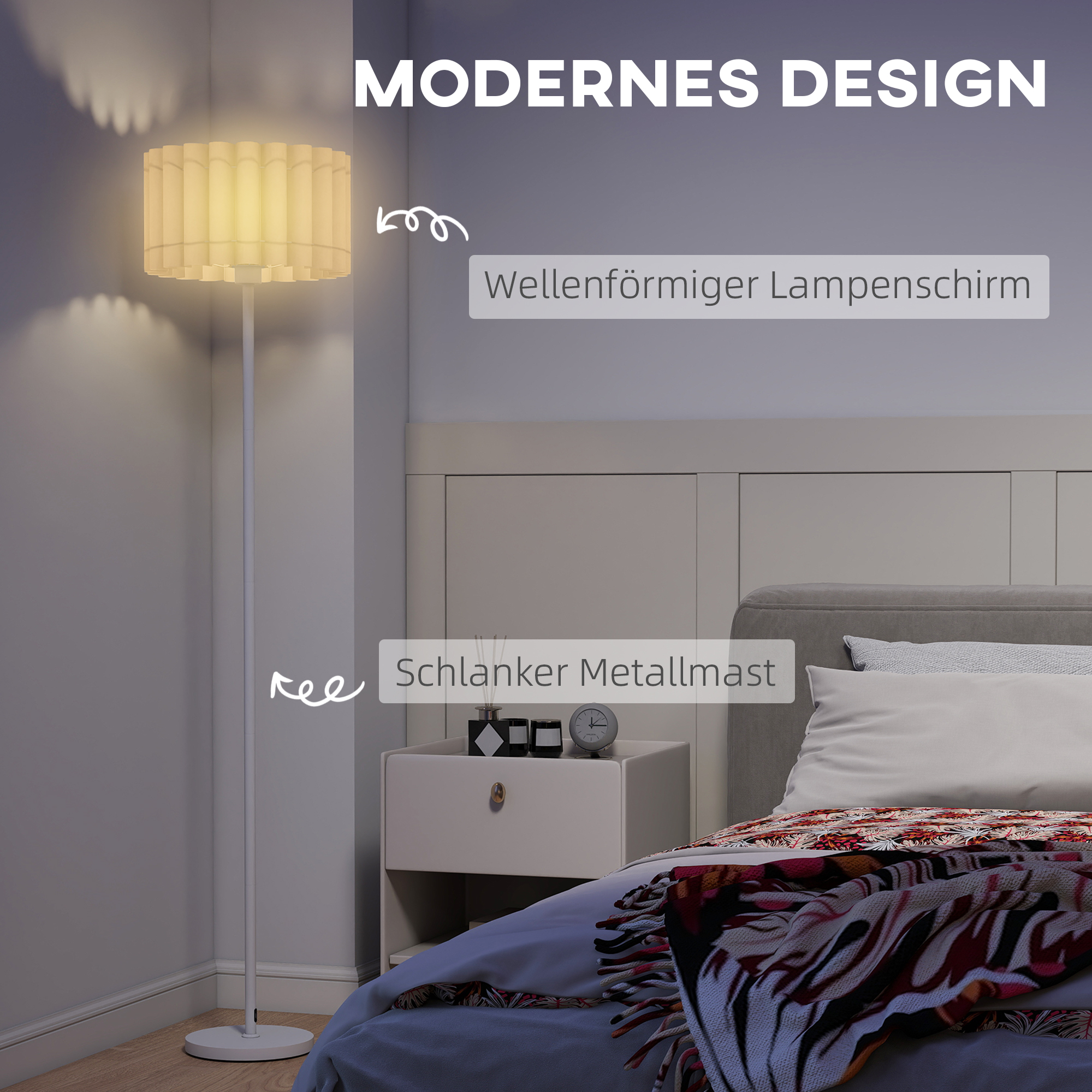 Stehlampe im Retro-Stil, Kunststoff-Lampenschirm, Fußschalter, Metallstab, Weiß