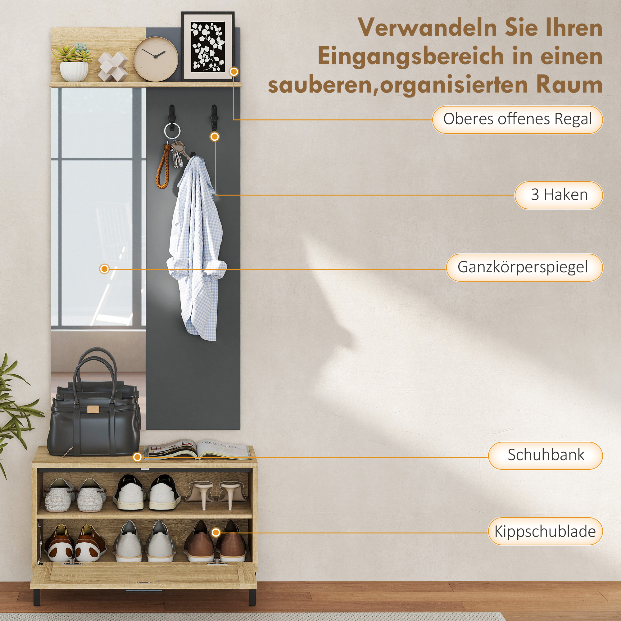 Garderobenset für Eingangsbereich, Schuhbank, Spiegel, 3 Haken, Offenes Regal, Flurmöbel, Naturholz+Grau