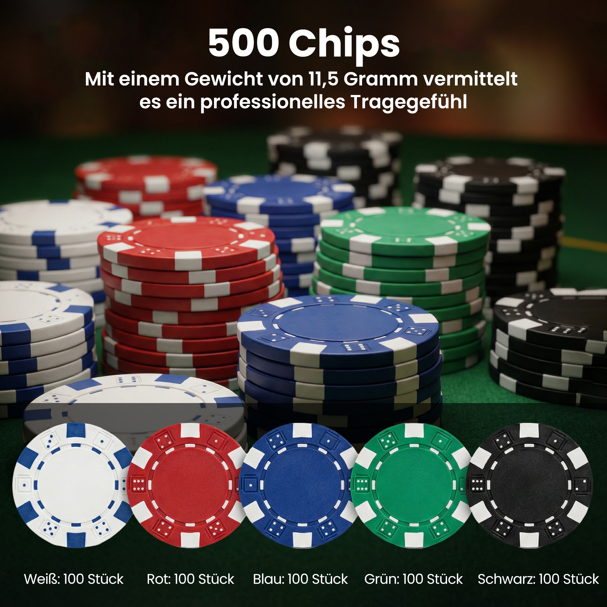 Poker-Set, 500 Chips, Würfel, 2 Kartendecks, Zubehör, Koffer, für 10 Spieler