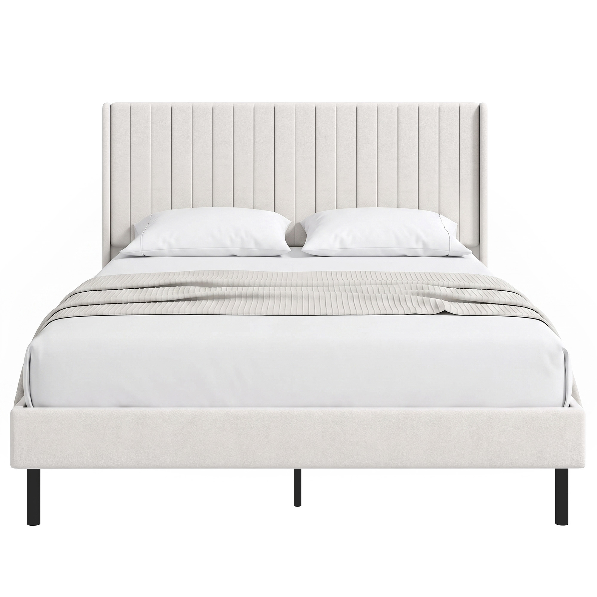 Bettgestell 140 x 200 cm mit verstellbarem Kopfteil, Polsterbett mit 12 Latten, Beige