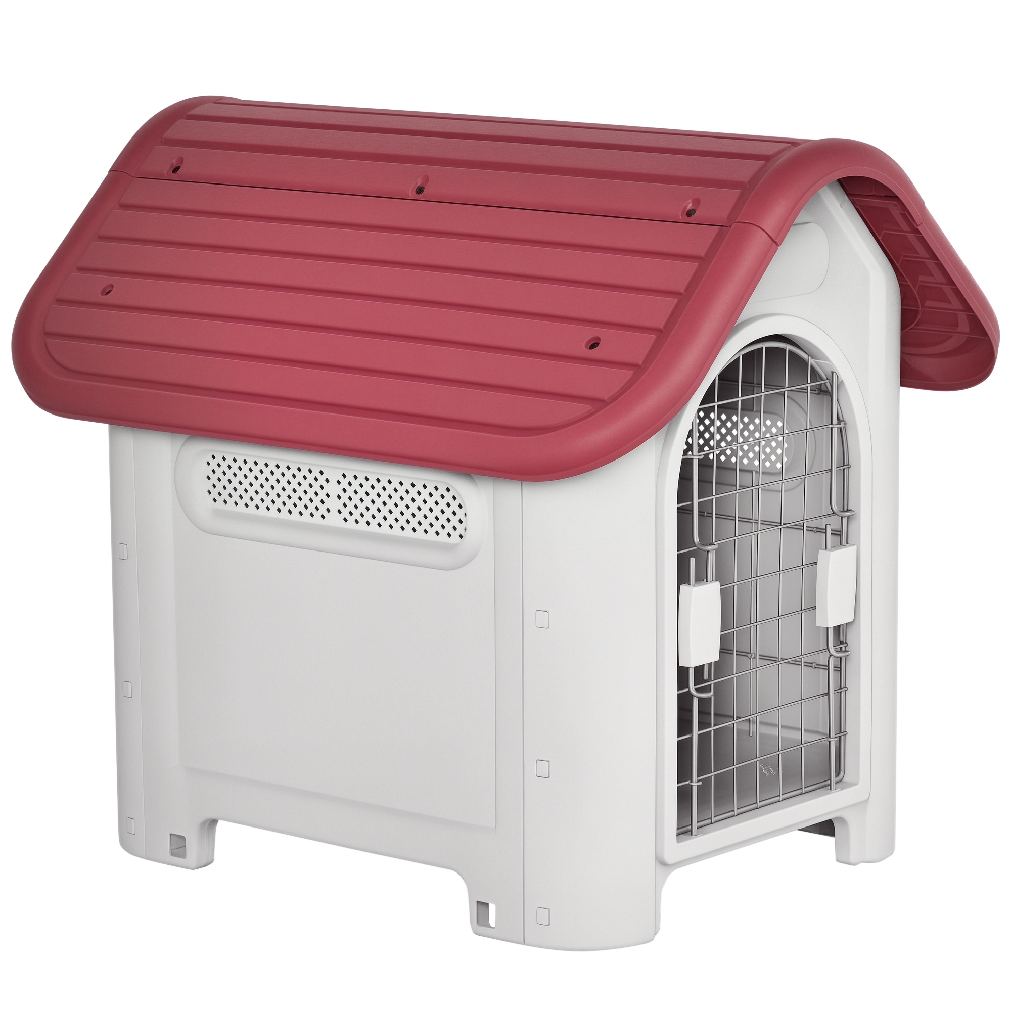 Hundehütte Outdoor, Hundehaus mit Dachluke Tor Unterschlupf, Wasserdichte Hundehöhle mit Luftzirkulation Hütte für kleine Hunde, draußen Rot+Hellgrau 59 x 75 x 66 cm