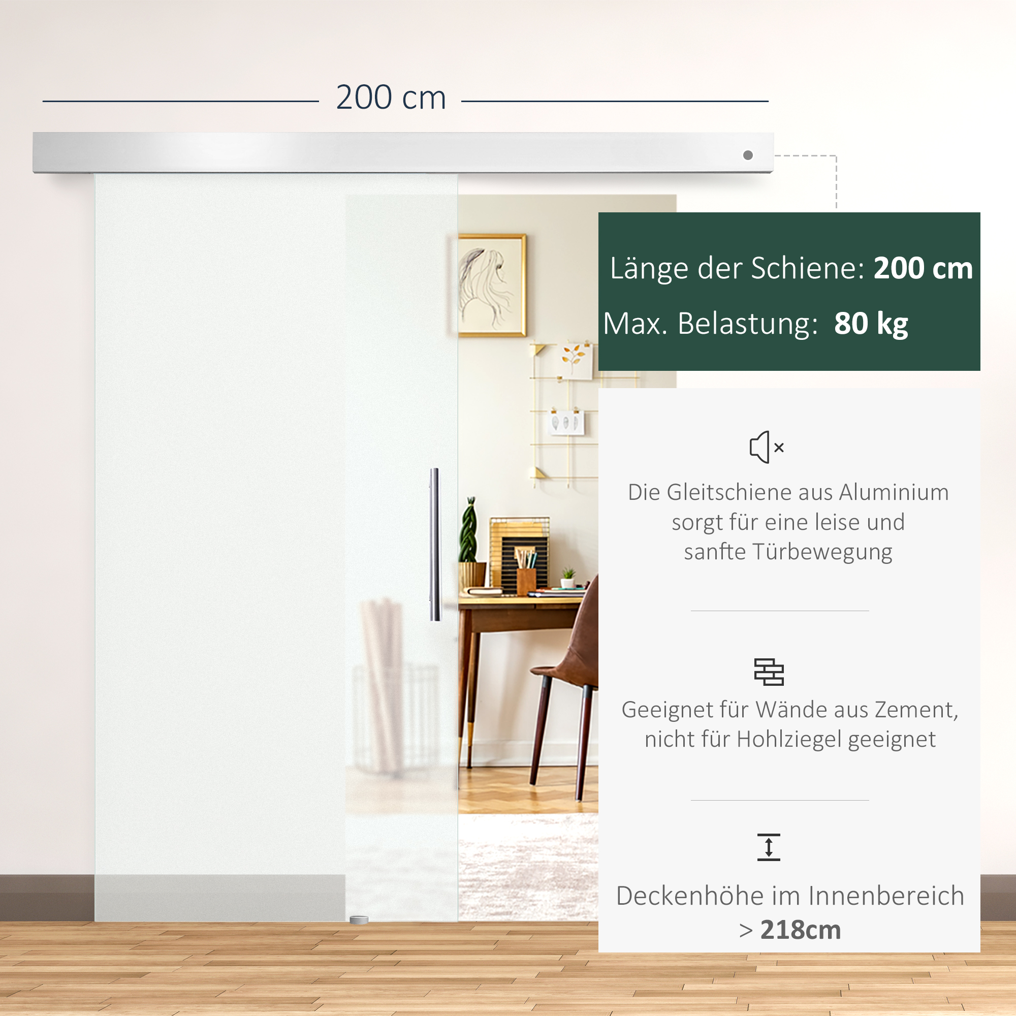 Glasschiebetür mit Griffstange, einseitig satiniert, 102,5 x 205 cm