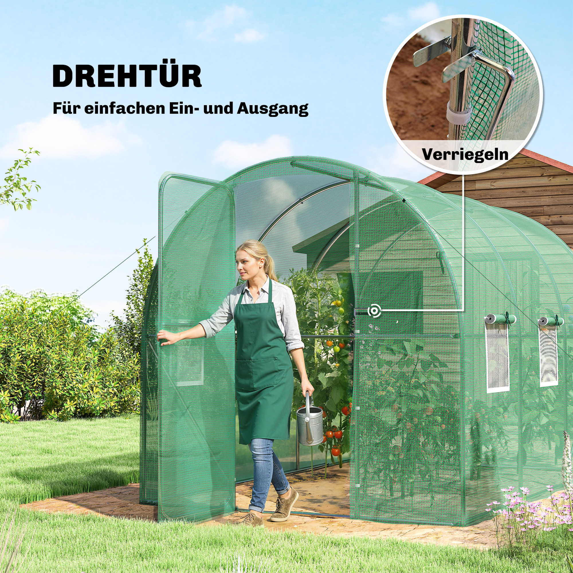 Gewächshaus 3 x 2 x 2 m Foliengewächshaus mit Abschließbar Anschlag-Tür 6 Rollbar Netzfenster Stützstangen