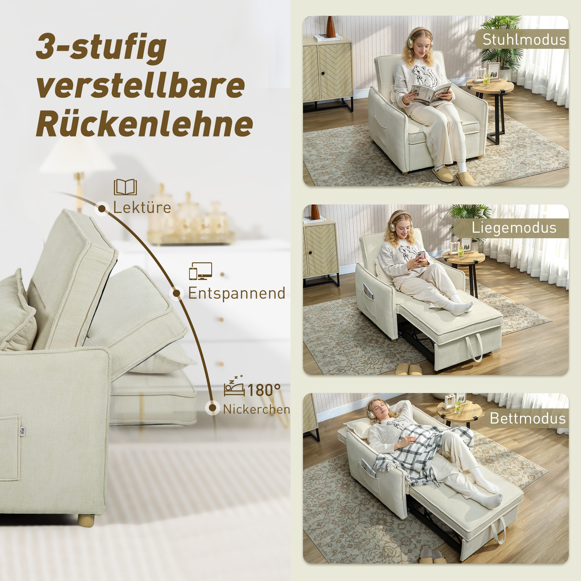 Schlafsessel 3 in 1 Umwandelbarer Sessel mit Bettfunktion, Lendenkissen, für Wohnzimmer Creme