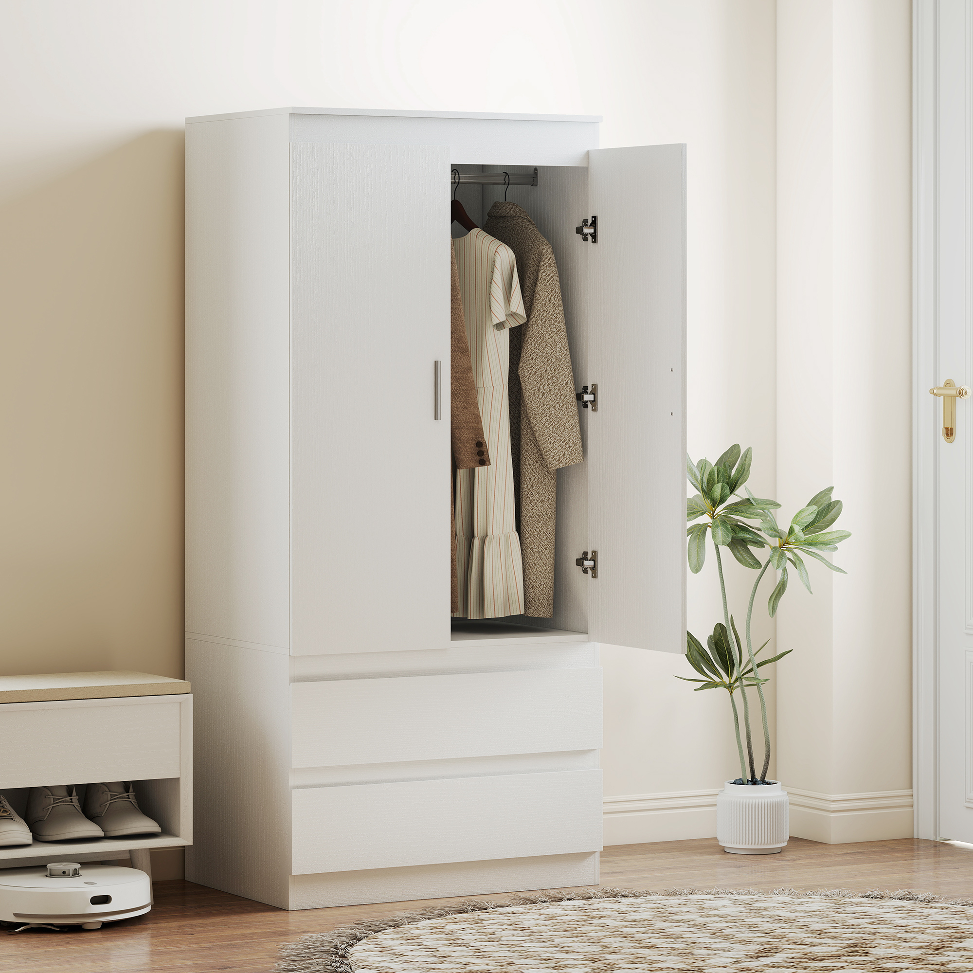 Schlafzimmer-Garderobe mit 2 Türen, 2 Schubladen, 3 Fächer, Holz, Weiß