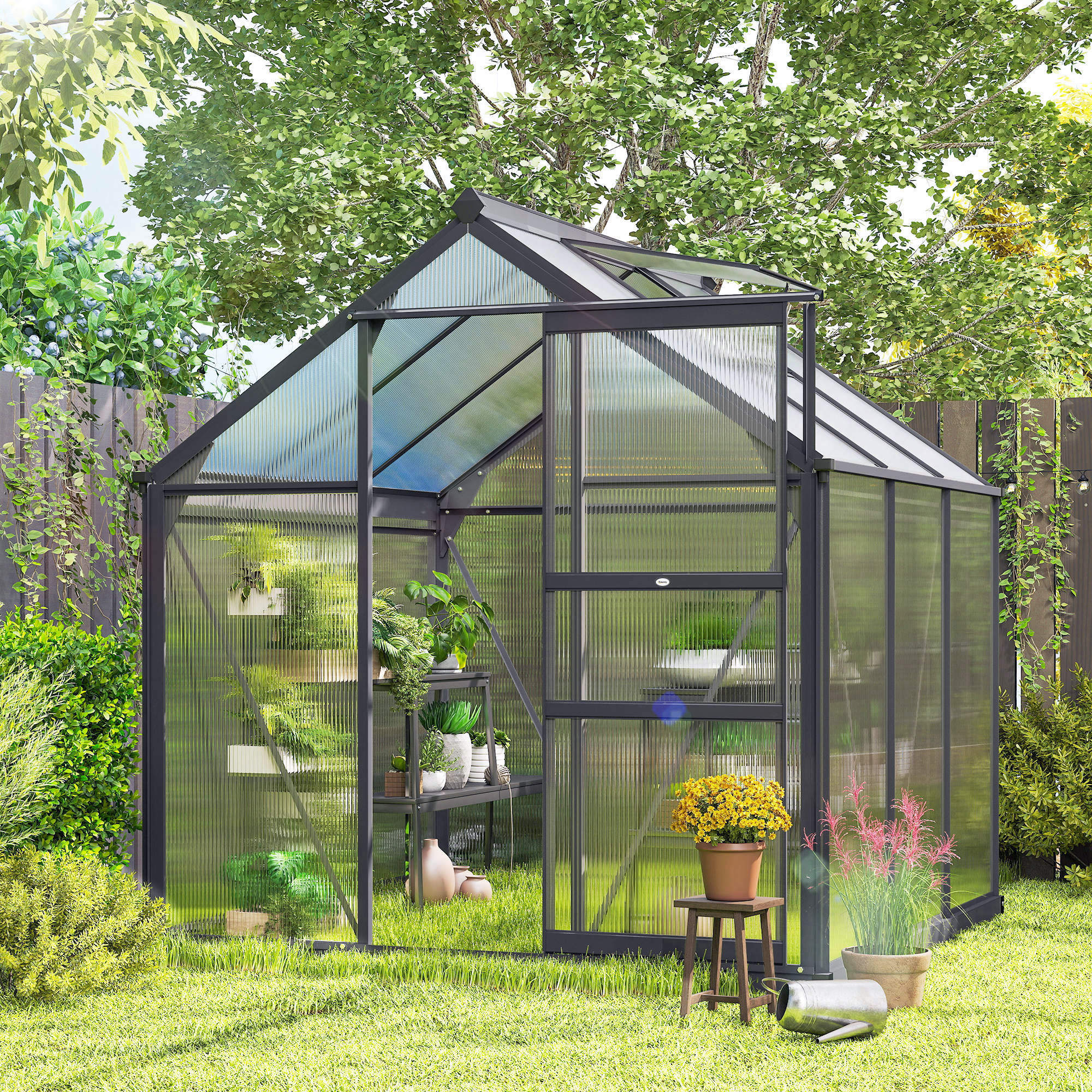 Gewächshaus Aluminium 3,65m² 190x192x201cm mit Fundament Dachfenster Schiebetür 4 mm Platten, UV-beständig
